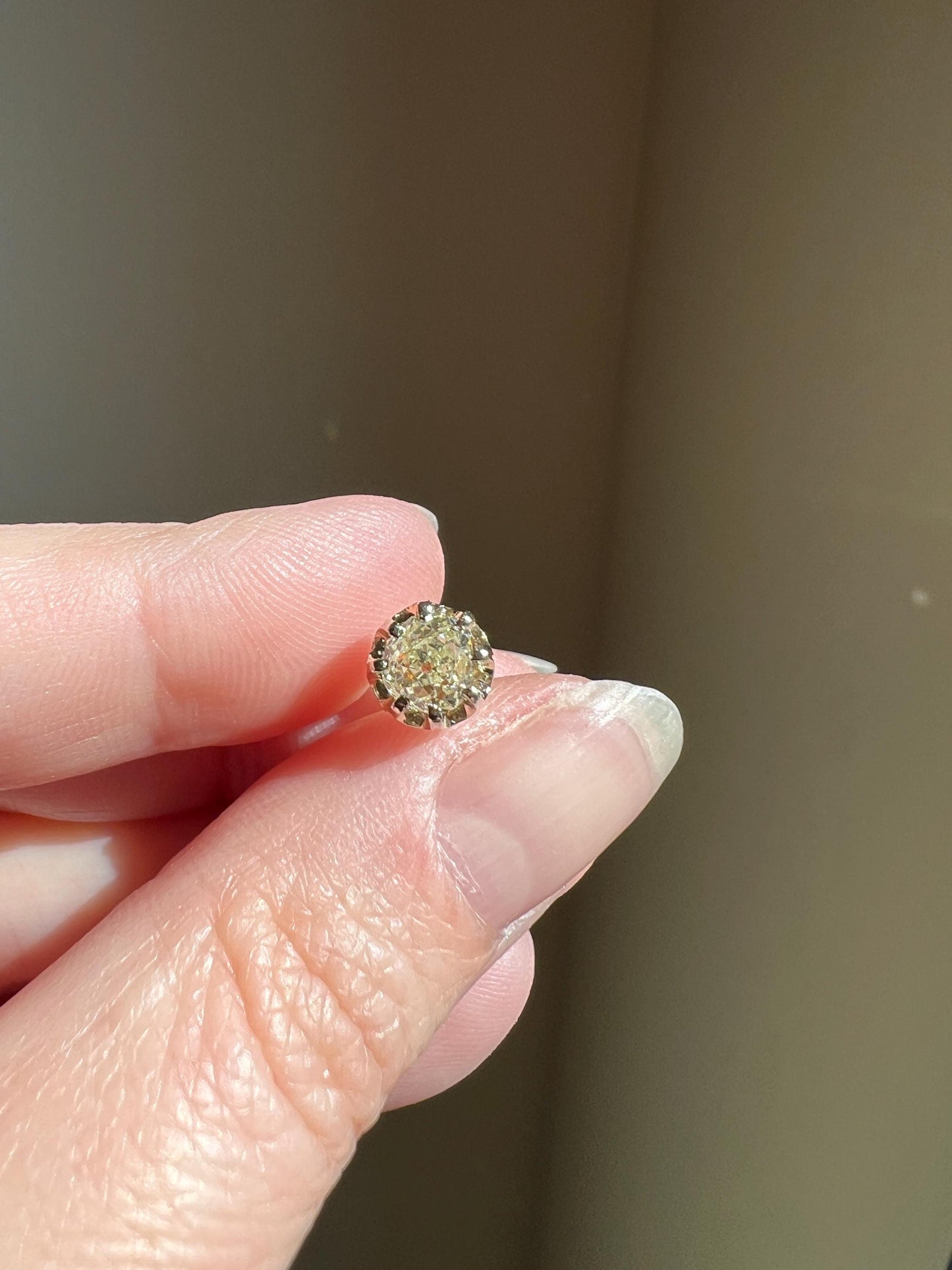 Single Antique .6 Carat Eye Clean Pale Yellow Old Mine Cut DIAMOND Prong Set Stud Earring French 18k Gold Gift Earstack Belle Epoque OMC