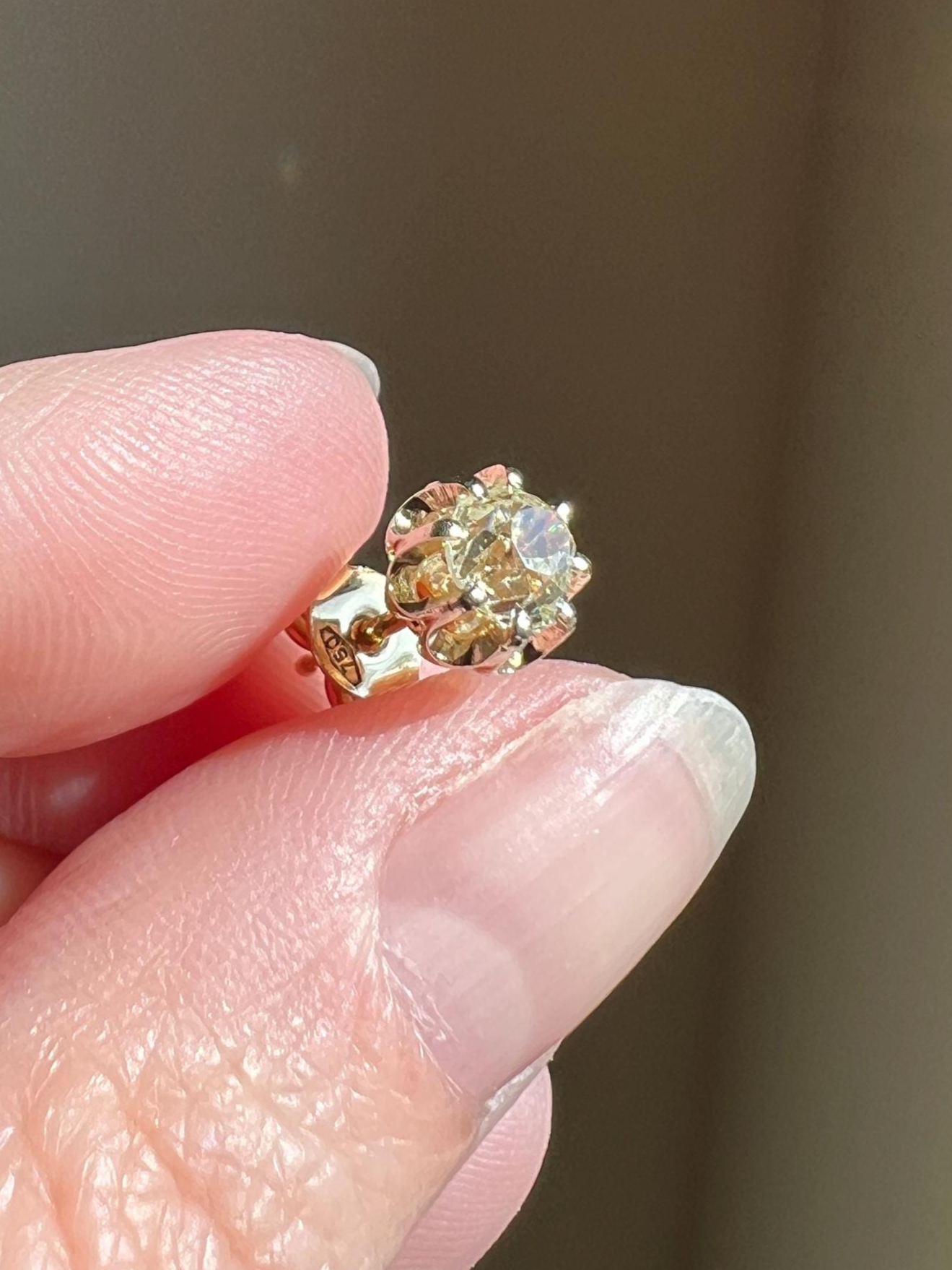 Single Antique .6 Carat Eye Clean Pale Yellow Old Mine Cut DIAMOND Prong Set Stud Earring French 18k Gold