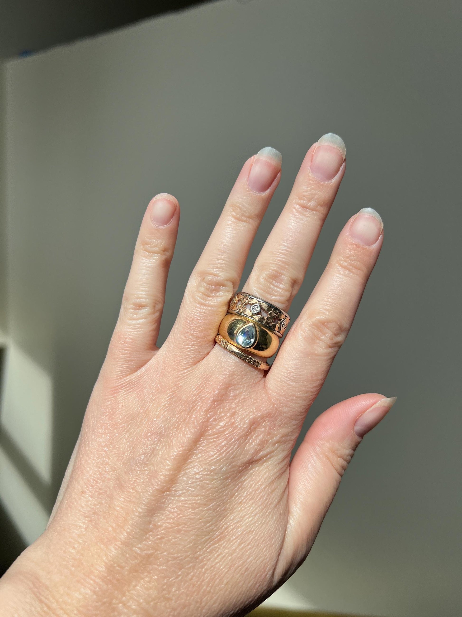 FLORAL Art Deco ANTIQUE Diamond Two Tone 14k Gold Rose White Ring Half Daisy Forget Me Not Eternity Wide Band Wedding Chunky Stacker Flower