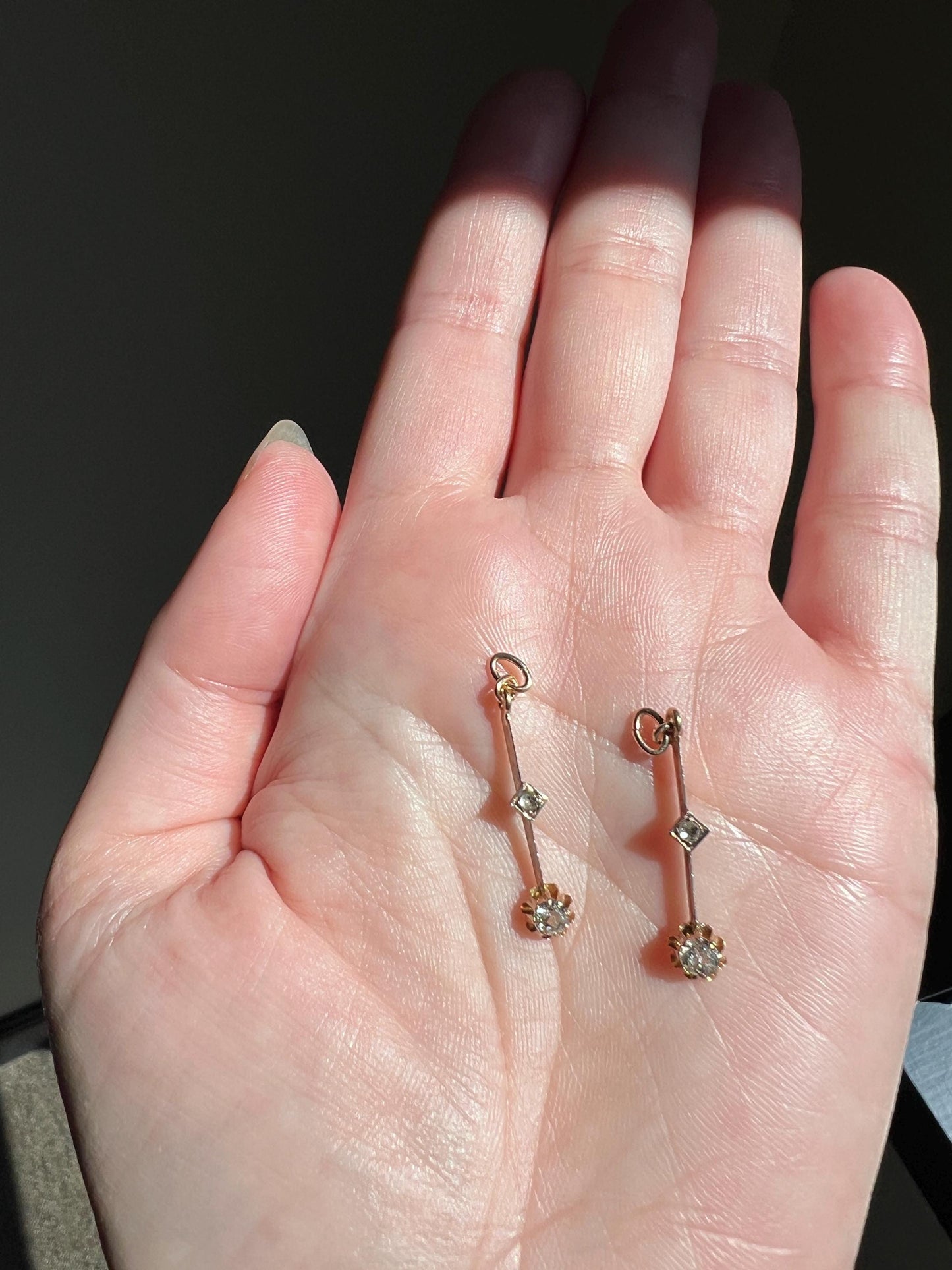 VICTORIAN Antique Old Mine Cut DIAMOND Rose Cut Dangle PENDANT Linear Charm 18k Gold 10k Loop French Belle Epoque Buttercup Minimalist Gift