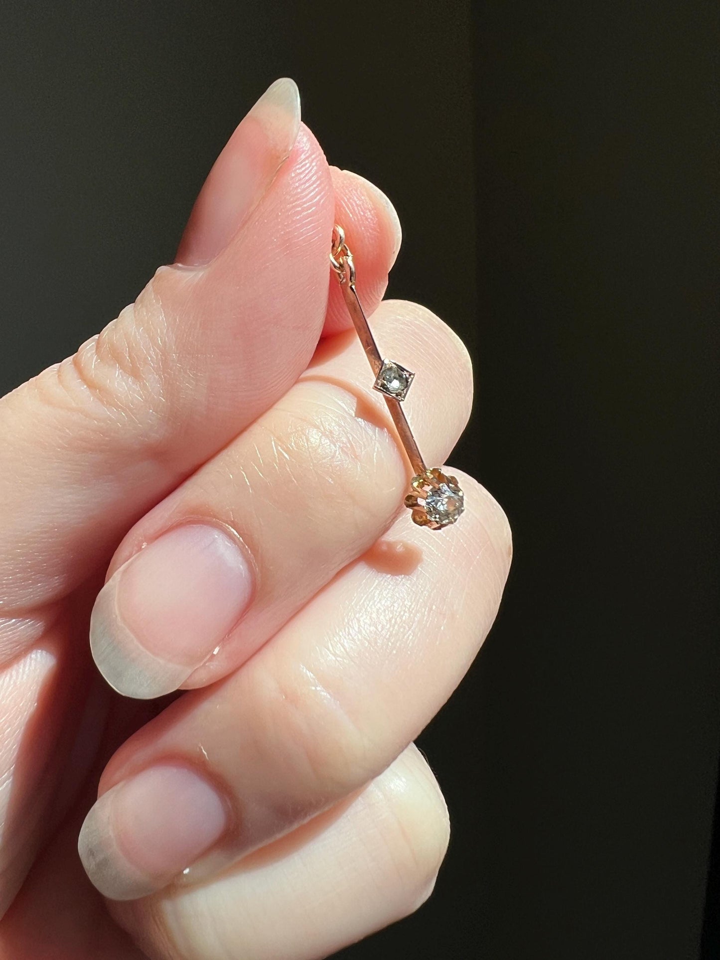 VICTORIAN Antique Old Mine Cut DIAMOND Rose Cut Dangle PENDANT Linear Charm 18k Gold 10k Loop French Belle Epoque Buttercup Minimalist Gift