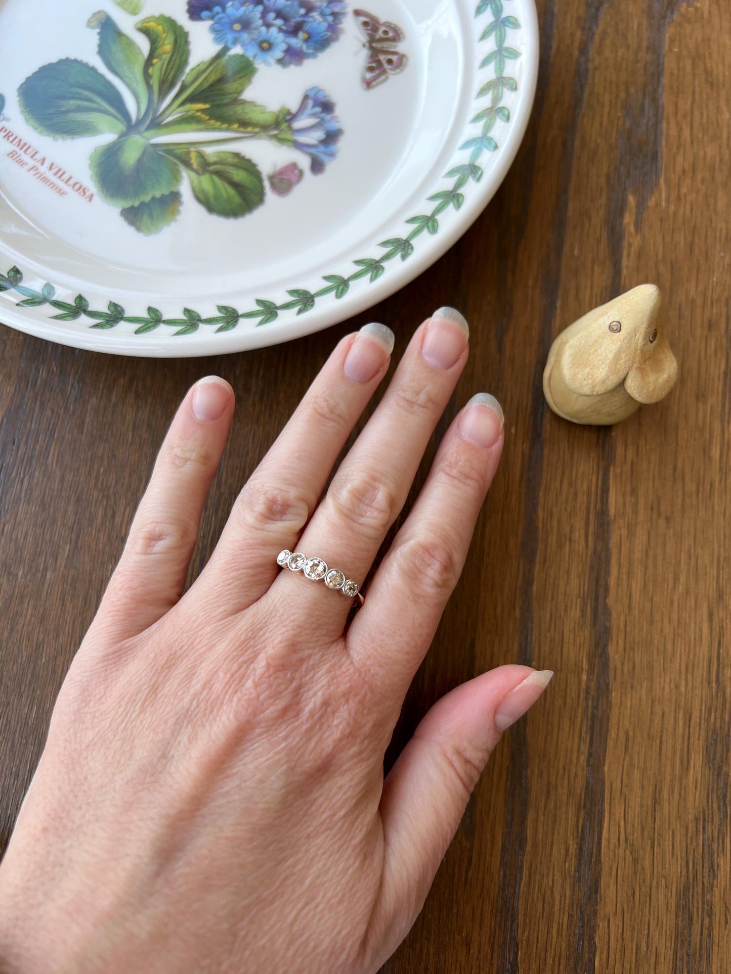 Antique One Carat Champagne White Old Mine Cut DIAMOND 18k Gold Platinum Five Stone Ring Bezel Set Band Romantic Gift Stacker Warm 1Ctw OMC
