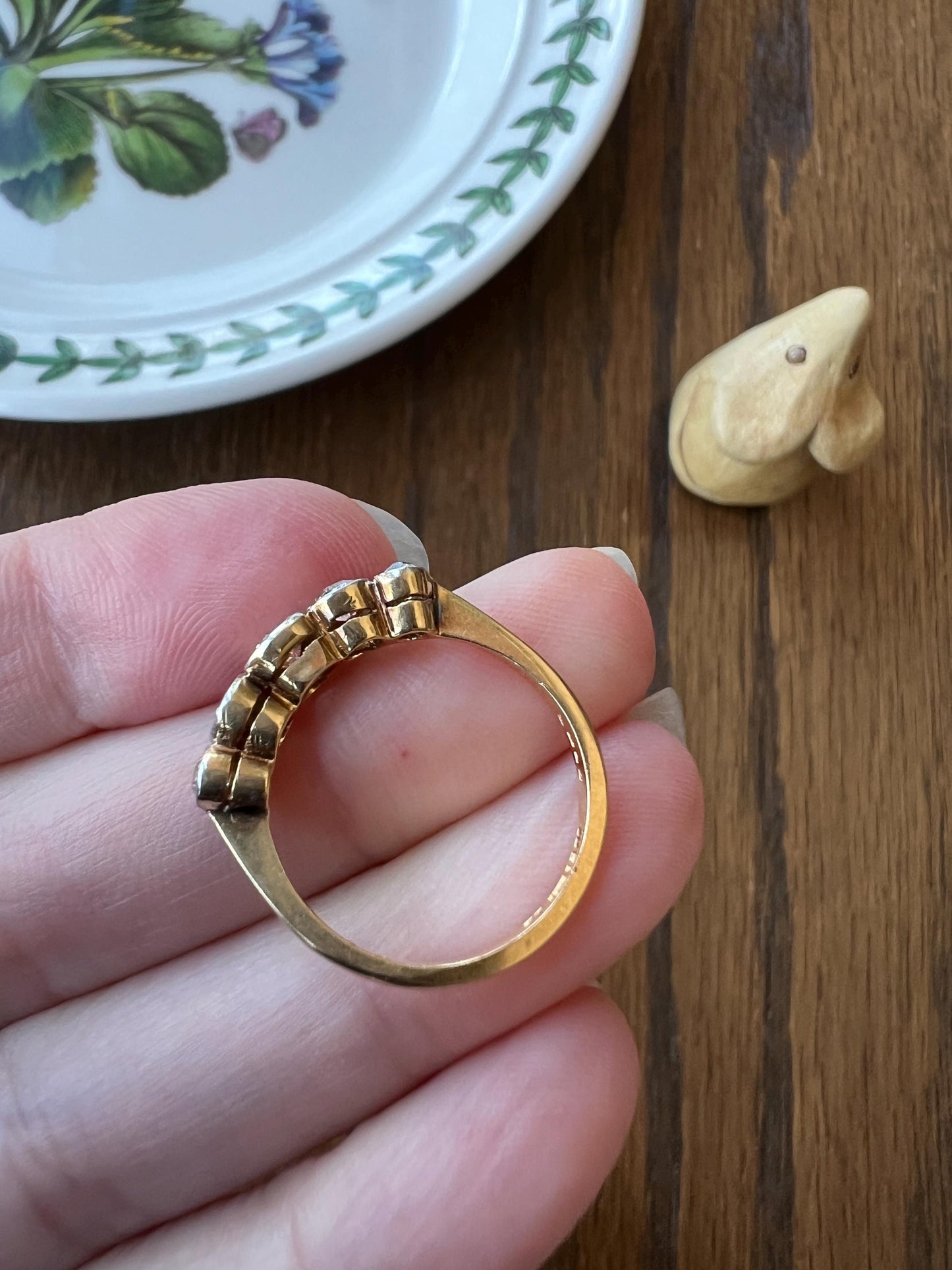 Antique One Carat Champagne White Old Mine Cut DIAMOND 18k Gold Platinum Five Stone Ring Bezel Set Band Romantic Gift Stacker Warm 1Ctw OMC