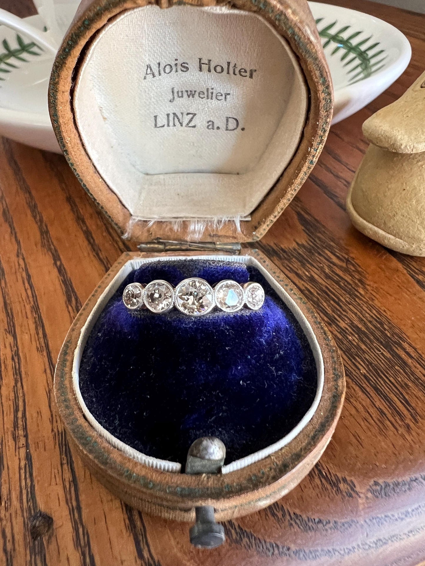 Antique One Carat Champagne White Old Mine Cut DIAMOND 18k Gold Platinum Five Stone Ring Bezel Set Band Romantic Gift Stacker Warm 1Ctw OMC