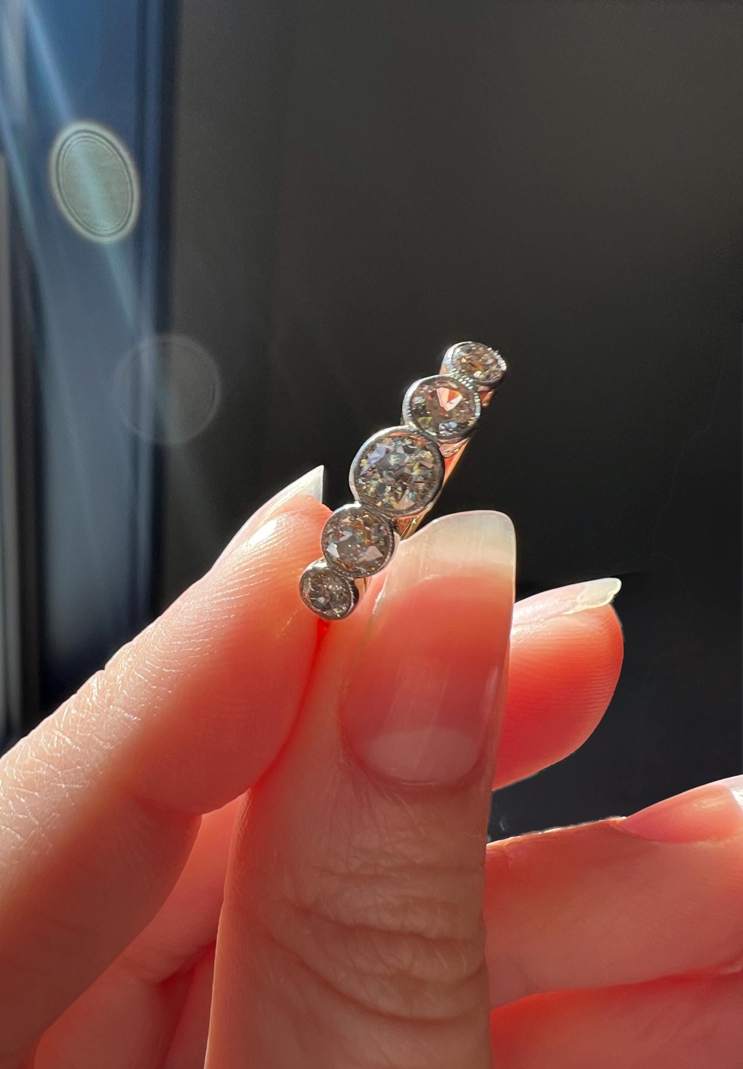 Antique One Carat Champagne White Old Mine Cut DIAMOND 18k Gold Platinum Five Stone Ring Bezel Set Band Romantic Gift Stacker Warm 1Ctw OMC