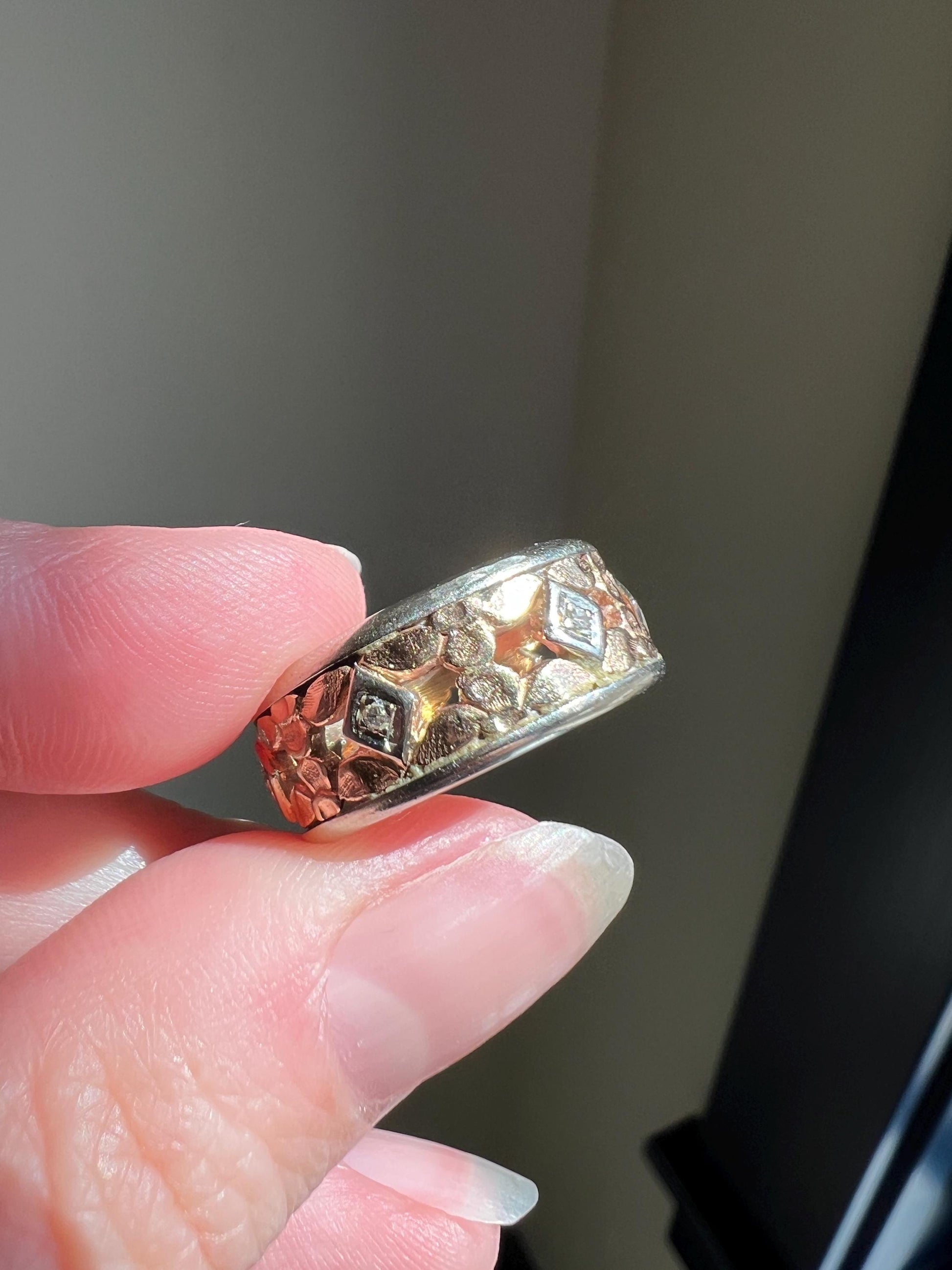 FLORAL Art Deco ANTIQUE Diamond Two Tone 14k Gold Rose White Ring Half Daisy Forget Me Not Eternity Wide Band Wedding Chunky Stacker Flower