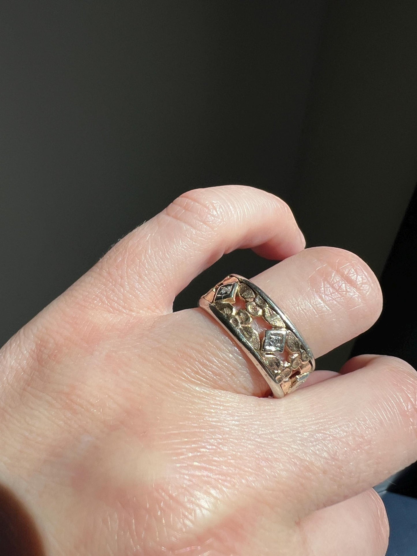 FLORAL Art Deco ANTIQUE Diamond Two Tone 14k Gold Rose White Ring Half Daisy Forget Me Not Eternity Wide Band Wedding Chunky Stacker Flower
