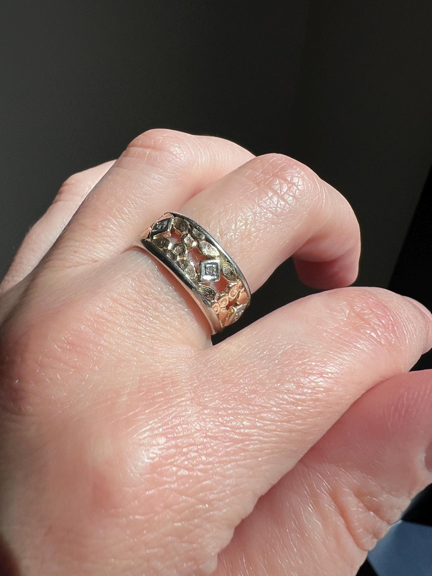 FLORAL Art Deco ANTIQUE Diamond Two Tone 14k Gold Rose White Ring Half Daisy Forget Me Not Eternity Wide Band Wedding Chunky Stacker Flower
