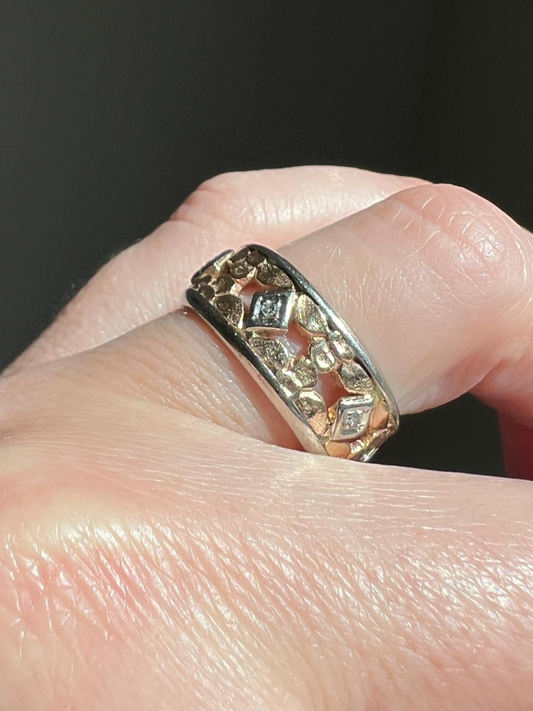 FLORAL Art Deco ANTIQUE Diamond Two Tone 14k Gold Rose White Ring Half Daisy Forget Me Not Eternity Wide Band Wedding