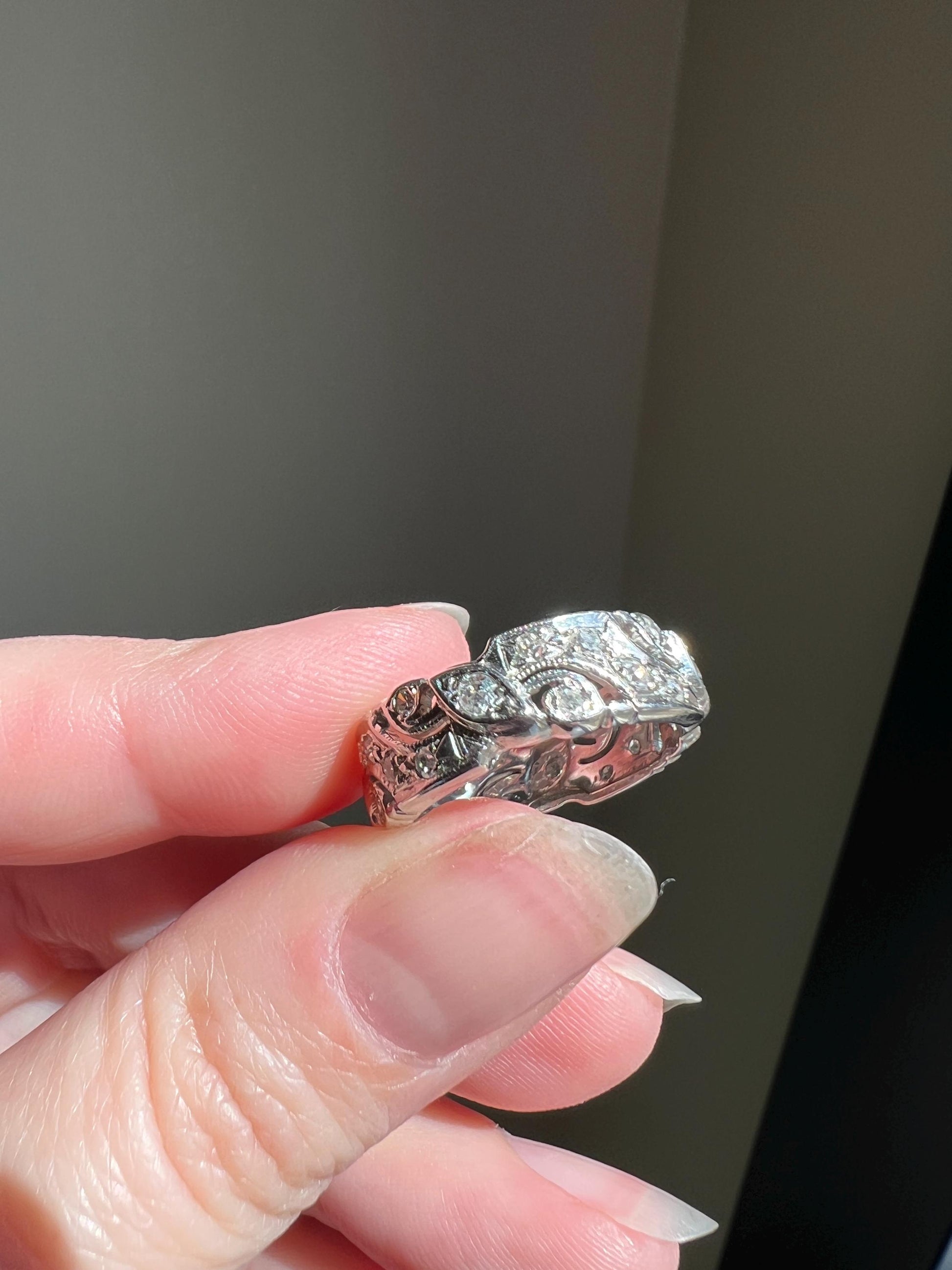 Swirling Art Deco Milgrain ANTIQUE Old Mine Single Cut 28 Diamond 14k White Gold Ring Eternity Wide Band Wedding Chunky Stacker