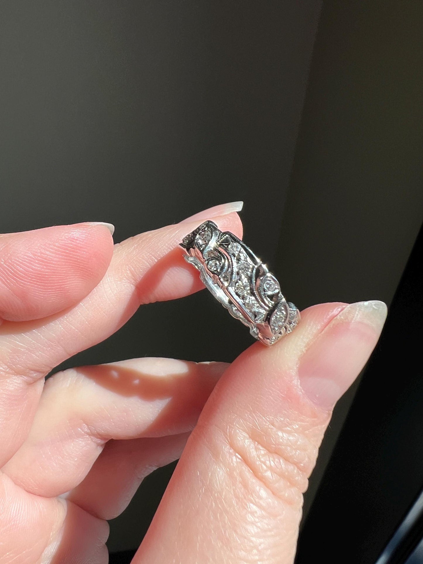 Swirling Art Deco Milgrain ANTIQUE Old Mine Single Cut 28 Diamond 14k White Gold Ring Eternity Wide Band Wedding Chunky Stacker