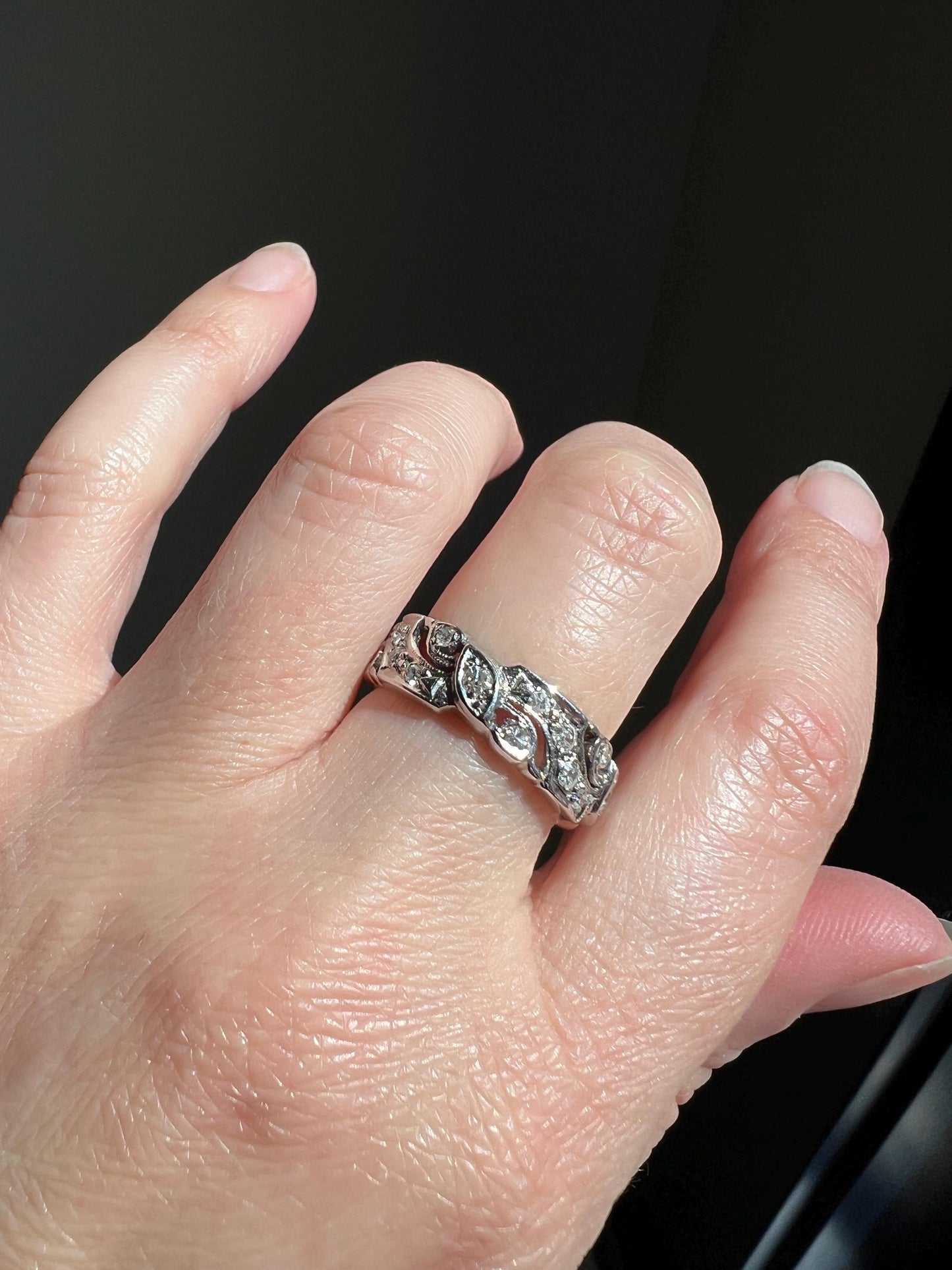 Swirling Art Deco Milgrain ANTIQUE Old Mine Single Cut 28 Diamond 14k White Gold Ring Eternity Wide Band Wedding Chunky Stacker
