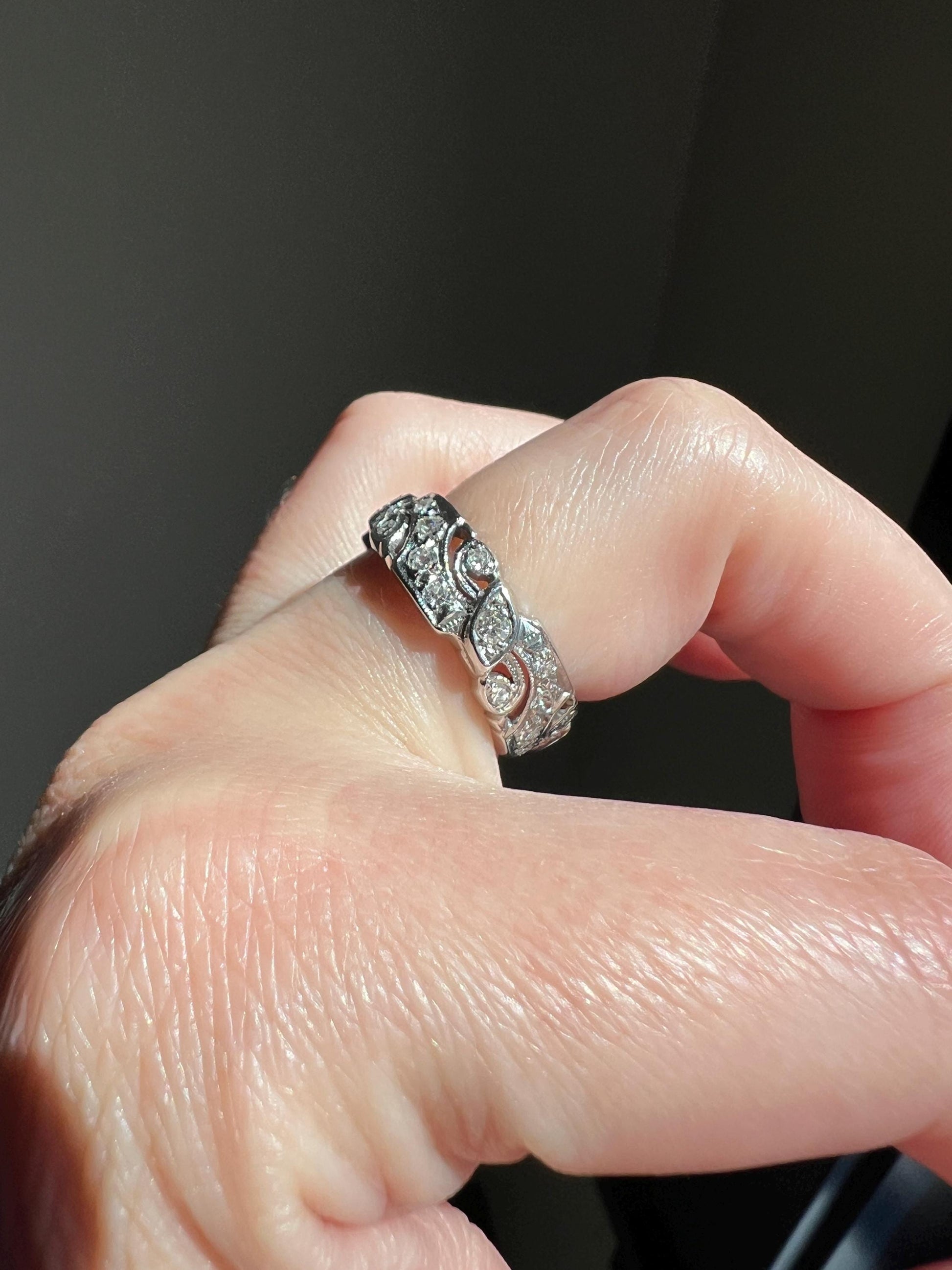 Swirling Art Deco Milgrain ANTIQUE Old Mine Single Cut 28 Diamond 14k White Gold Ring Eternity Wide Band Wedding Chunky Stacker