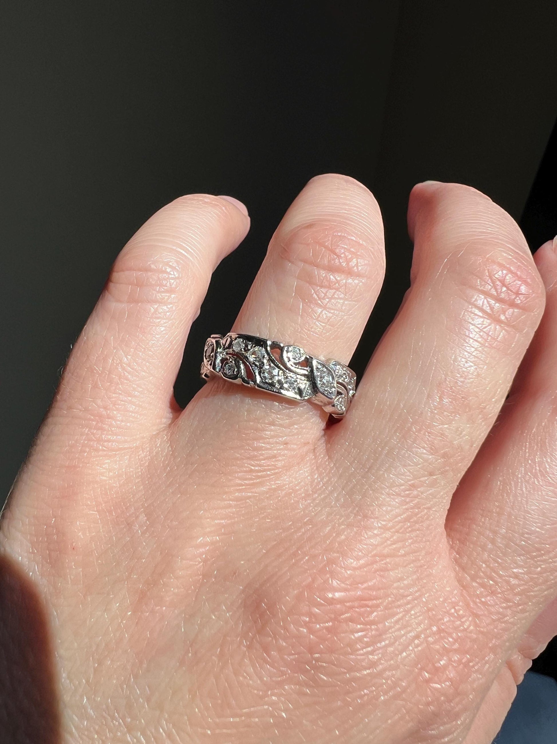 Swirling Art Deco Milgrain ANTIQUE Old Mine Single Cut 28 Diamond 14k White Gold Ring Eternity Wide Band Wedding Chunky Stacker
