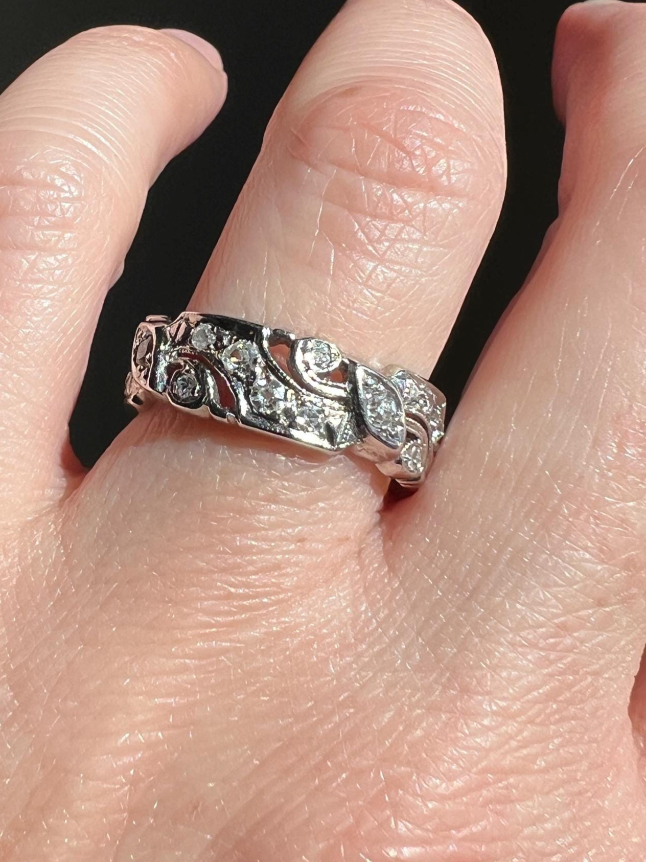 Swirling Art Deco Milgrain ANTIQUE Old Mine Single Cut 28 Diamond 14k White Gold Ring Eternity Wide Band Wedding
