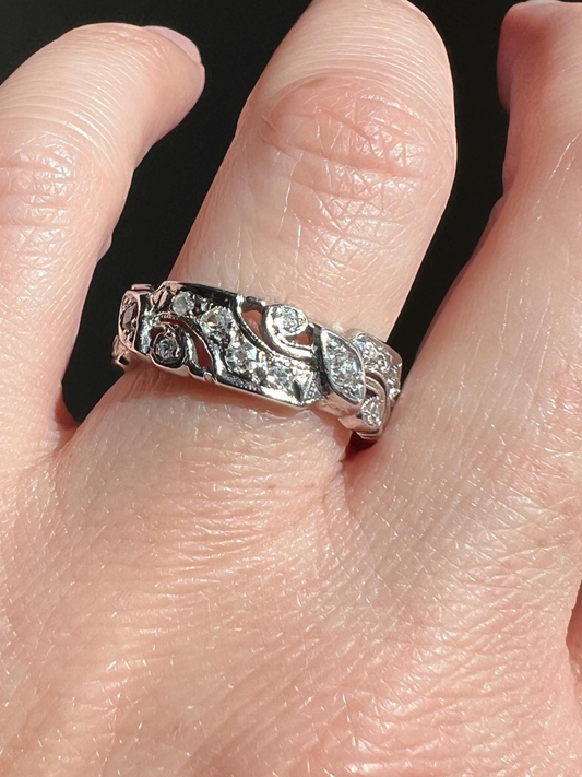 Swirling Art Deco Milgrain ANTIQUE Old Mine Single Cut 28 Diamond 14k White Gold Ring Eternity Wide Band Wedding