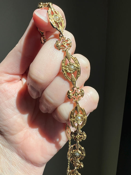 Two for One NECKLACE BRACELET 20g 18k Gold Changeable French Belle Epoque Floral Garland Heavy Chain Forget Me Not Pearls Ornate Victorian