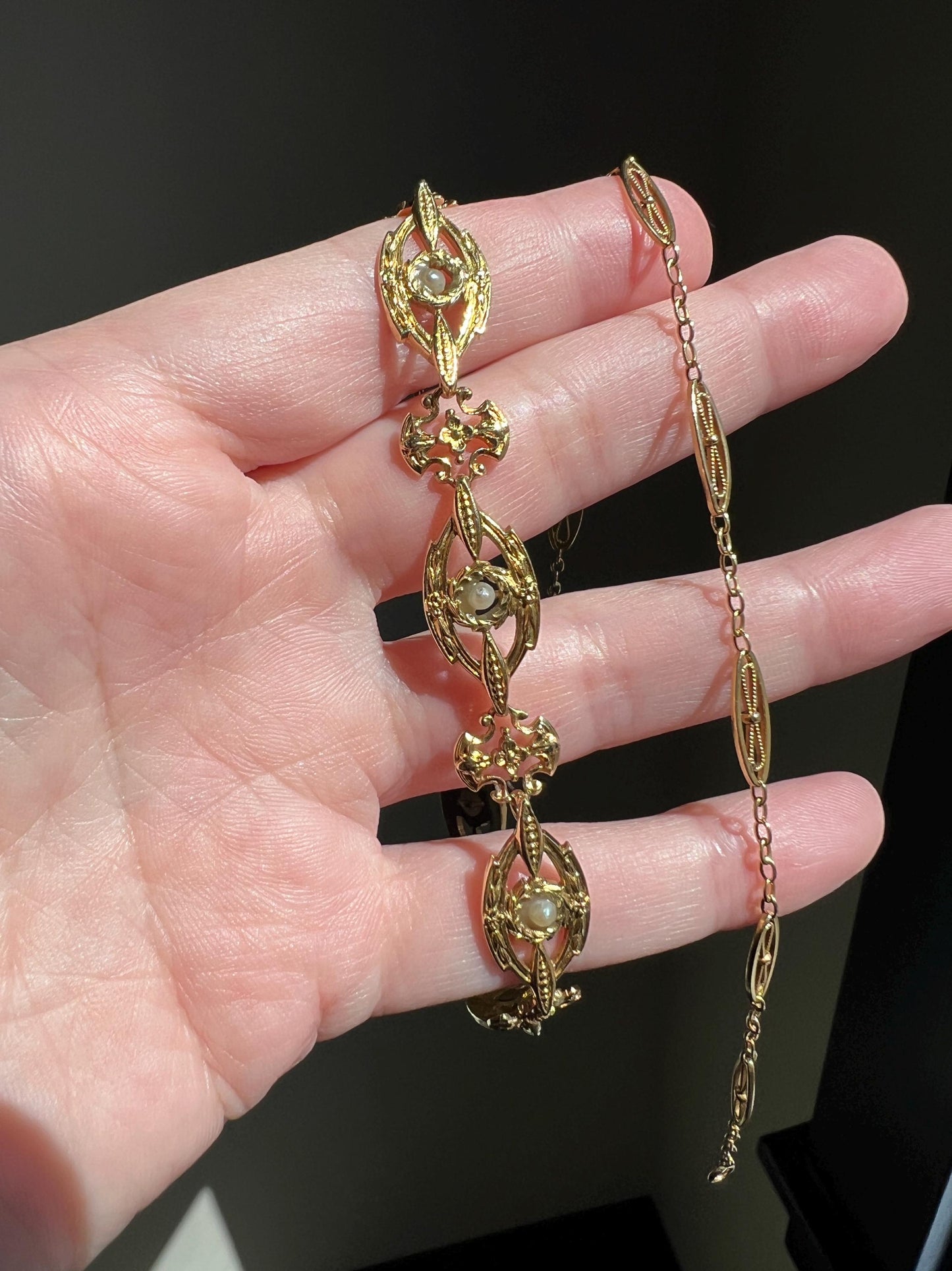 Two for One NECKLACE BRACELET 20g 18k Gold Changeable French Belle Epoque Floral Garland Heavy Chain Forget Me Not Pearls Ornate Victorian