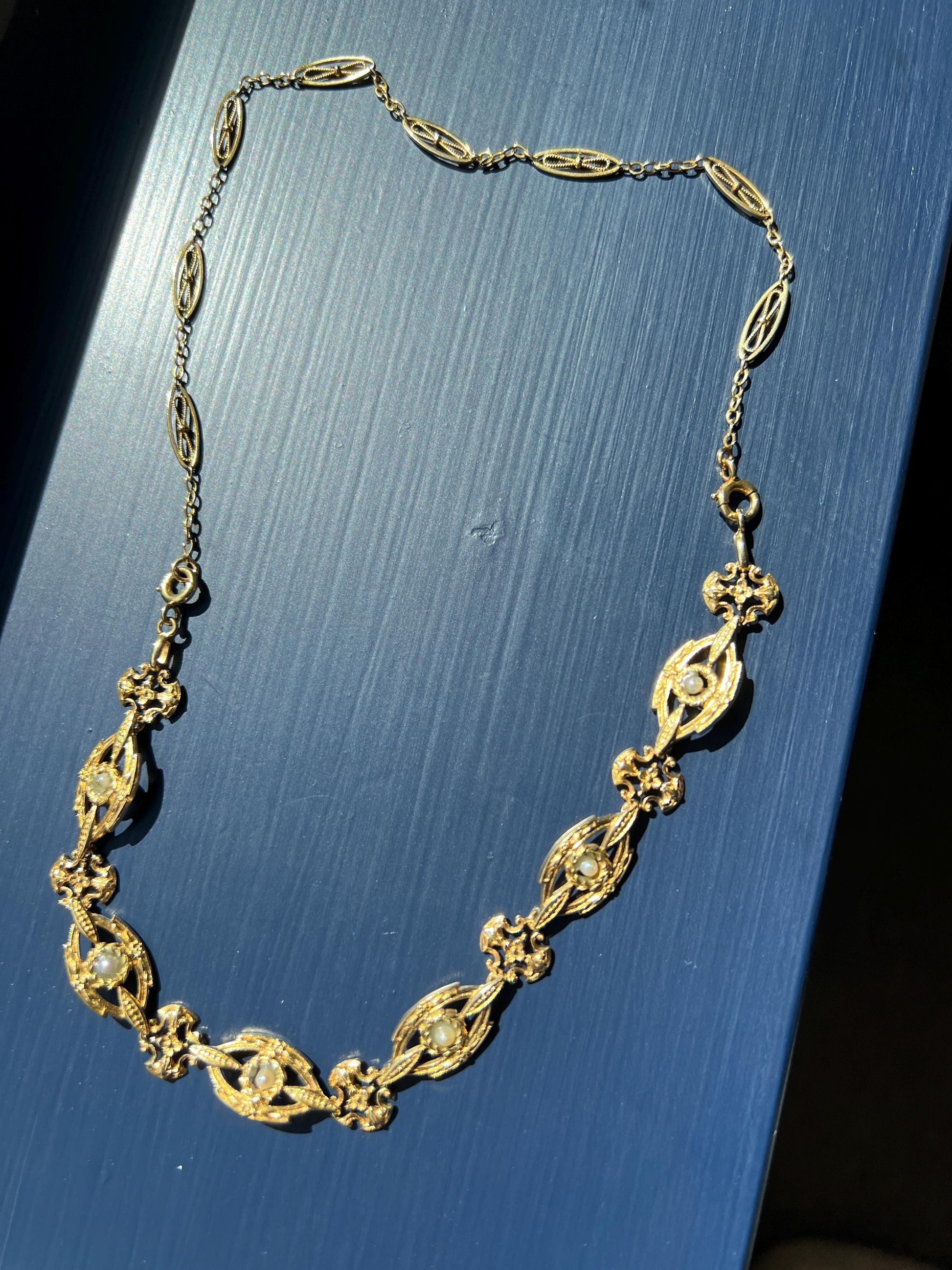 Two for One NECKLACE BRACELET 20g 18k Gold Changeable French Belle Epoque Floral Garland Heavy Chain Forget Me Not Pearls Ornate Victorian