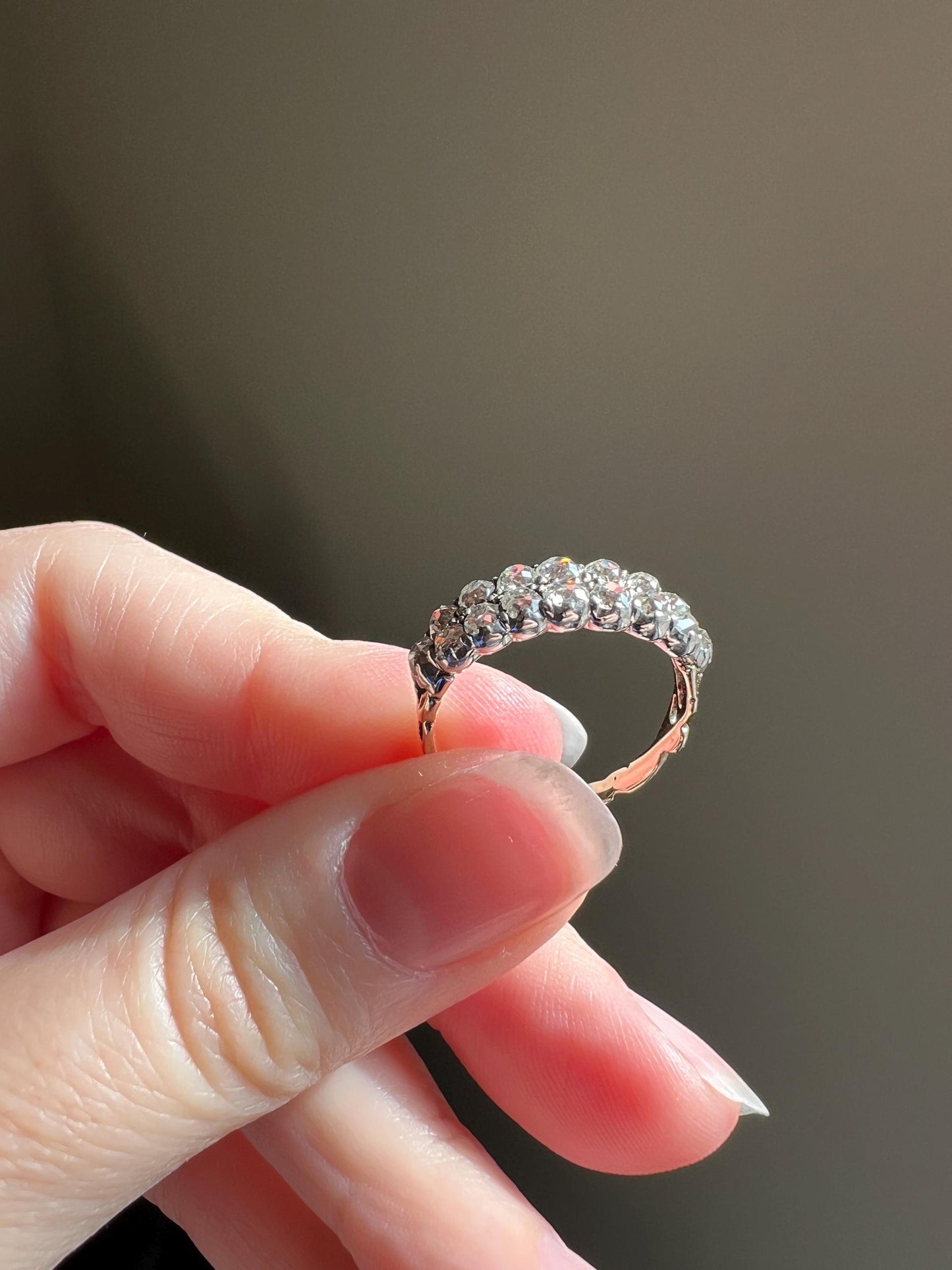 Antique 1.25 Carat Chunky Old Mine Cut DIAMOND Victorian 14k Gold Silver Double Row Ring Collet Set Band Romantic Gift Stacker 1.25ctw OMC