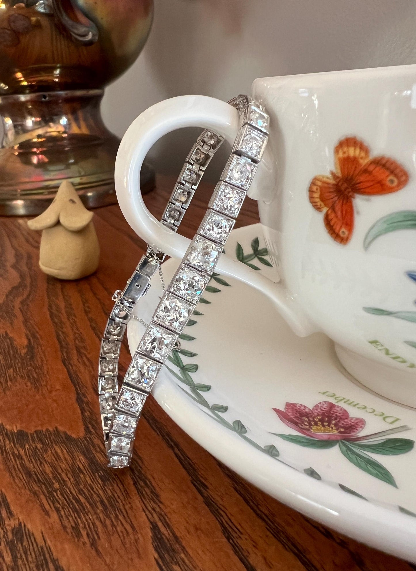 Antique 9.75 CARAT 38 Old European & Mine Cut DIAMOND Line Bracelet PLATINUM French Geometric Engraved Wriststack Belle Epoque OmC Tennis