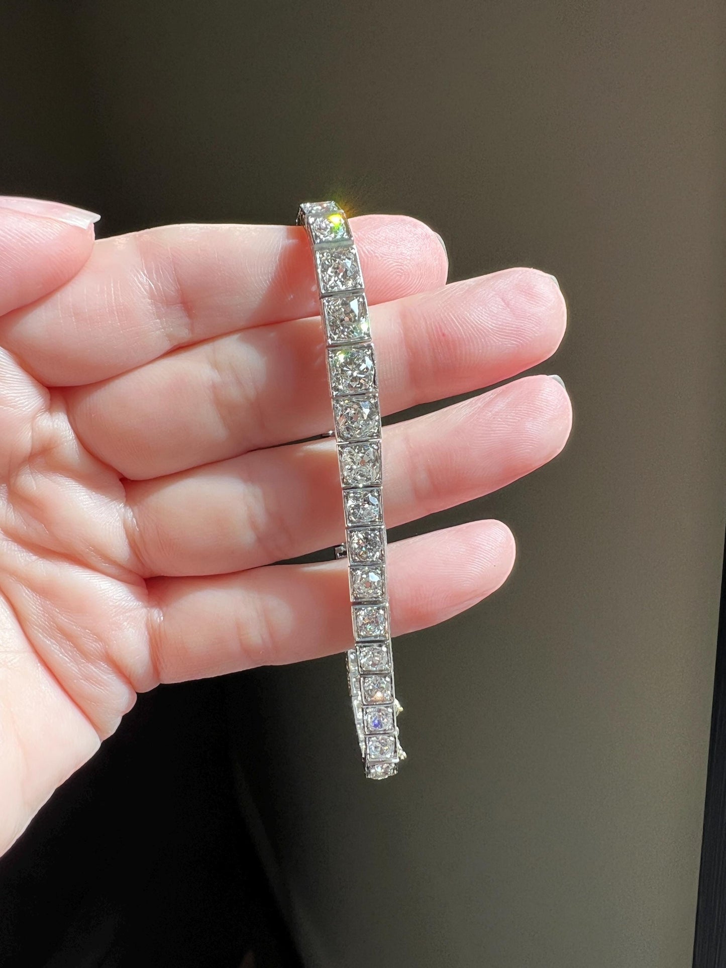 Antique 9.75 CARAT 38 Old European & Mine Cut DIAMOND Line Bracelet PLATINUM French Geometric Engraved Wriststack Belle Epoque OmC Tennis