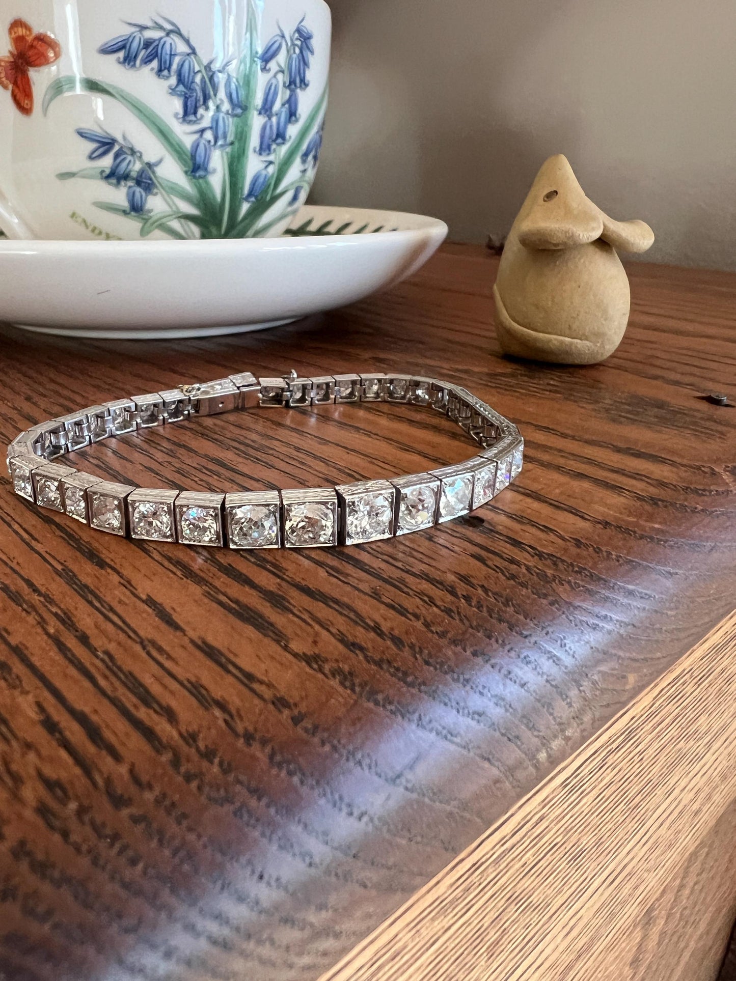 Antique 9.75 CARAT 38 Old European & Mine Cut DIAMOND Line Bracelet PLATINUM French Geometric Engraved Wriststack Belle Epoque OmC Tennis