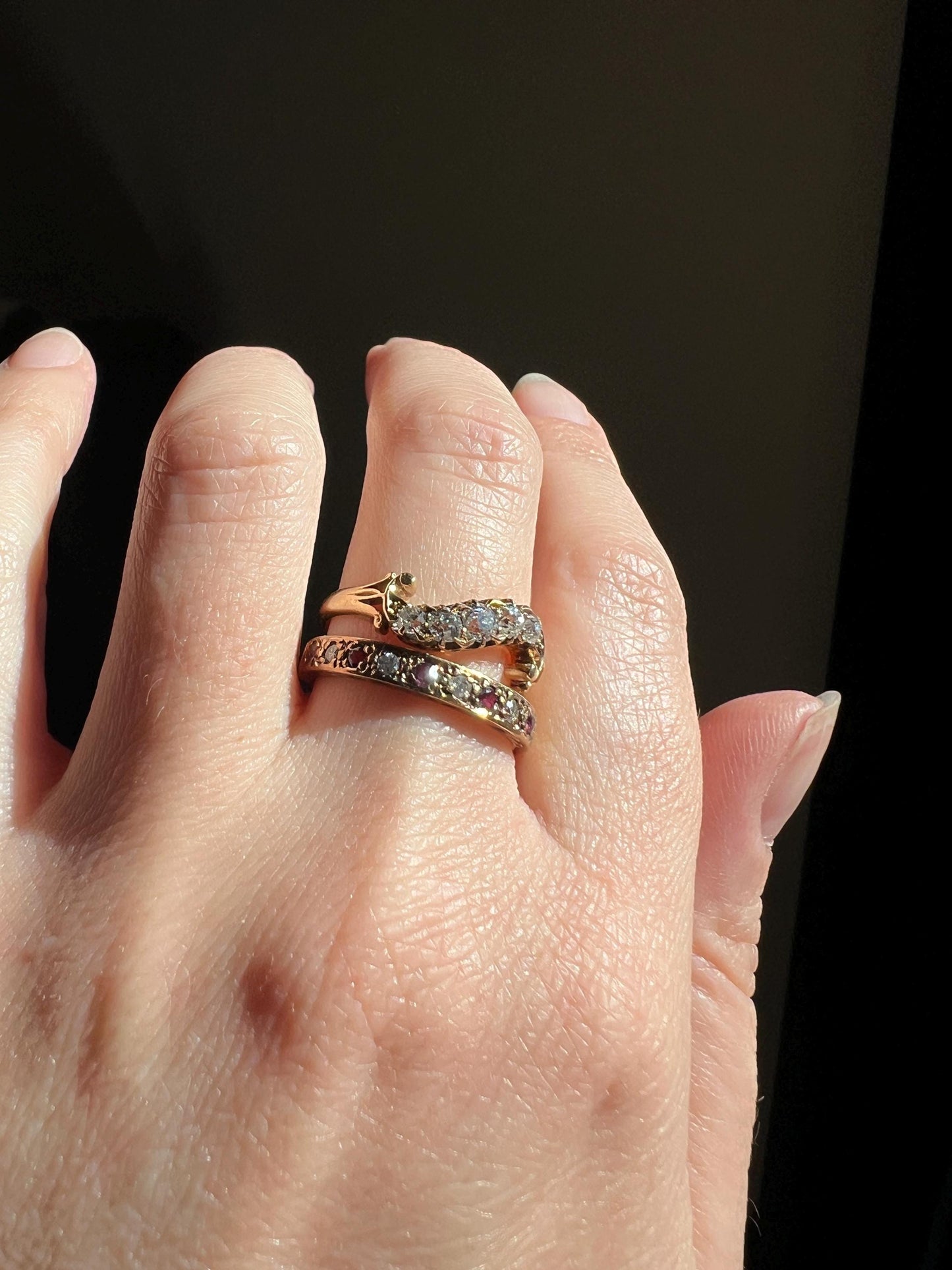 SWIRL Old Mine Cut DIAMOND Five Stone Band Crossover Ring Swirl Band 18k Gold Antique Bypass Ornate Stacker Victorian Sparkle Romantic Gift
