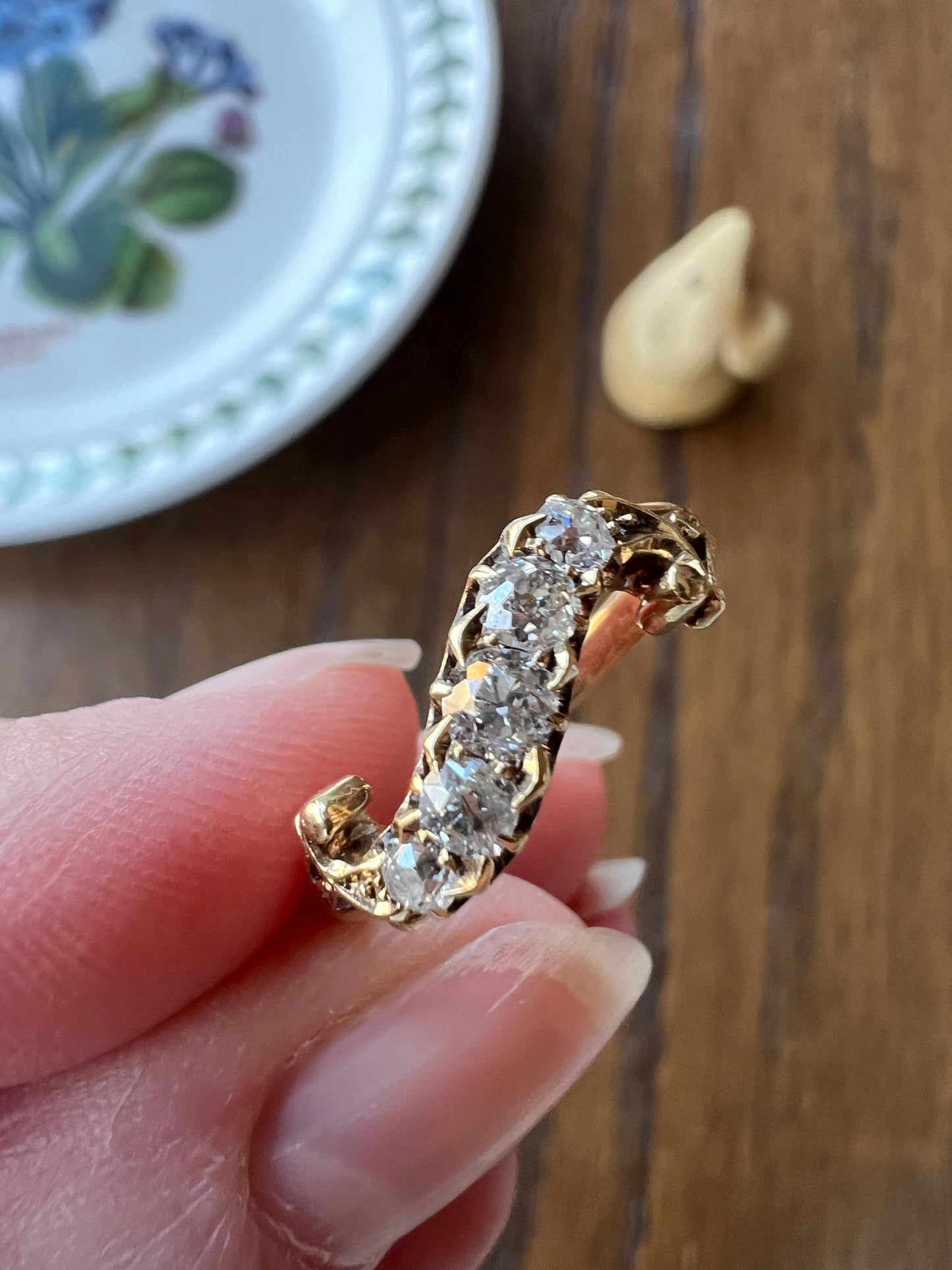 SWIRL Old Mine Cut DIAMOND Five Stone Band Crossover Ring Swirl Band 18k Gold Antique Bypass Ornate Stacker Victorian Sparkle Romantic Gift
