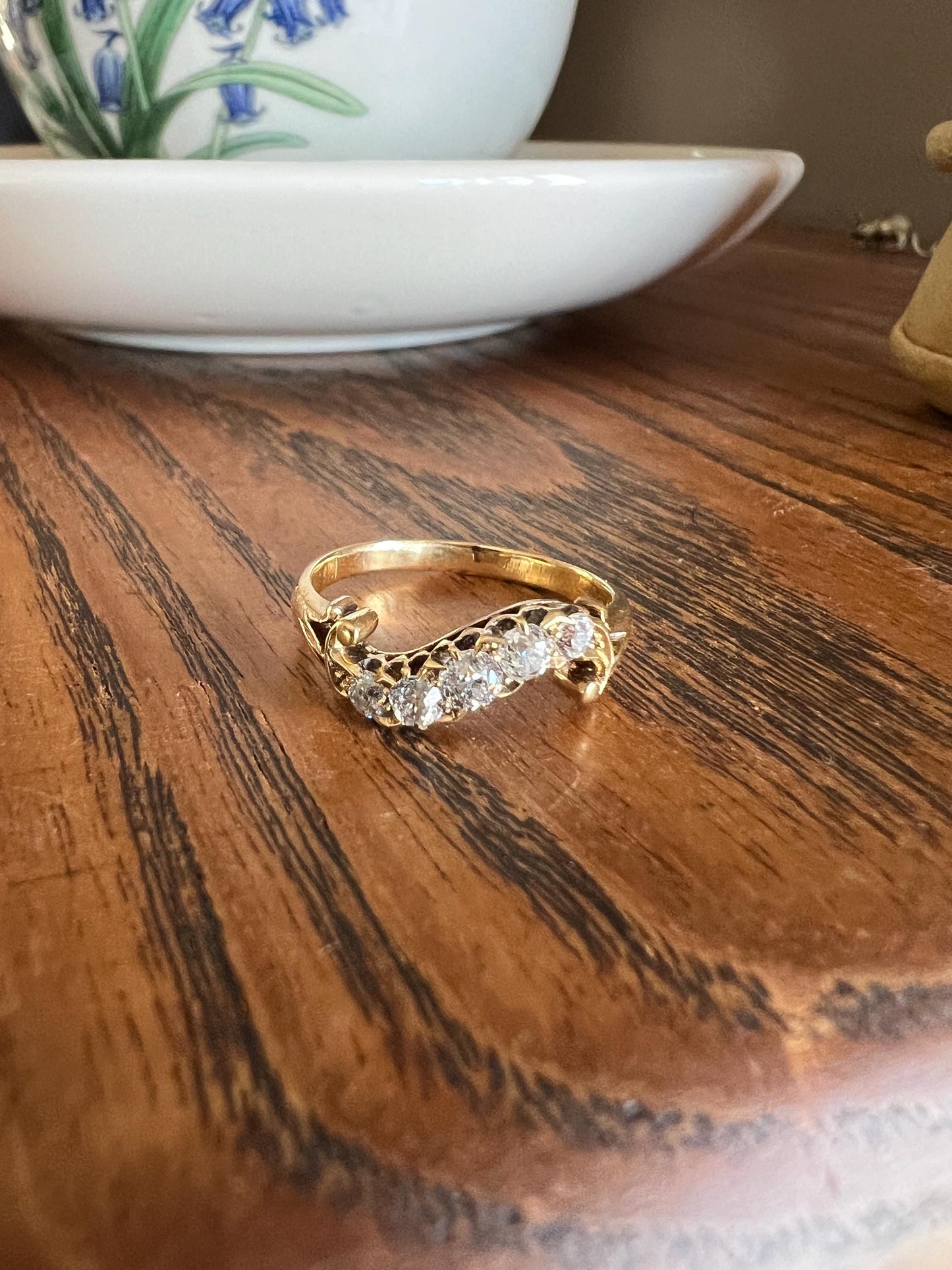 SWIRL Old Mine Cut DIAMOND Five Stone Band Crossover Ring Swirl Band 18k Gold Antique Bypass Ornate Stacker Victorian Sparkle Romantic Gift