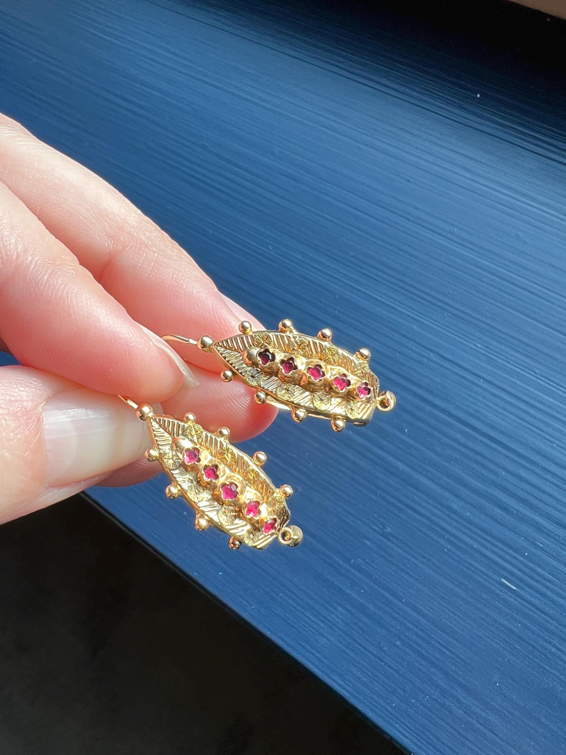 Ornate Antique Ball Rivet Poissarde Earrings Linear Red Paste Ruby Garnet Dangle French Belle Epoque 18k Gold Briquet Hoops Floral