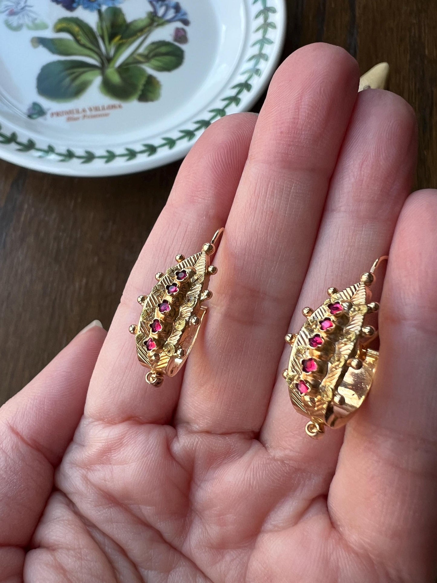 Ornate Antique Ball Rivet Poissarde Earrings Linear Red Paste Ruby Garnet Dangle French Belle Epoque 18k Gold Briquet Hoops Floral