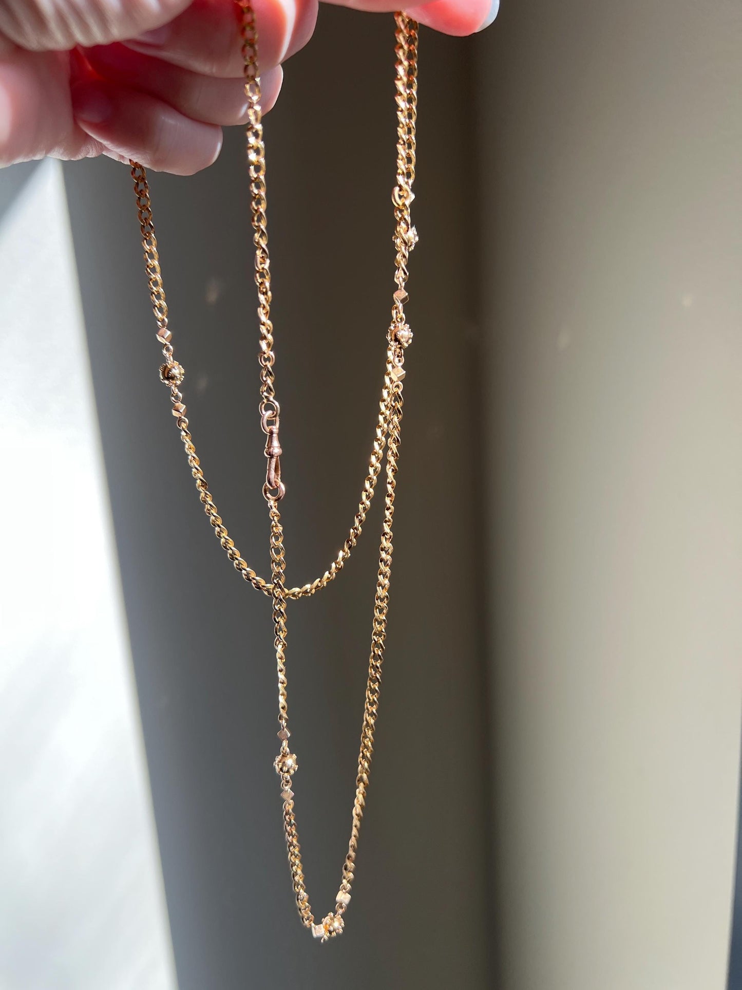 CUBE & Spiked Ball French Early VICTORIAN 18k Gold 10.9g Extra Long Guard Cable Link 30" Muff Chain Necklace Pendant Holder Geometric Glow