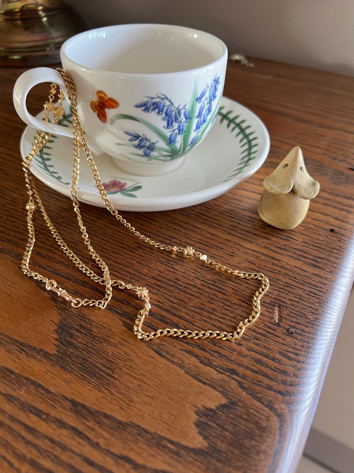 CUBE & Spiked Ball French Early VICTORIAN 18k Gold 10.9g Extra Long Guard Cable Link 30" Muff Chain Necklace Pendant Holder Geometric Glow