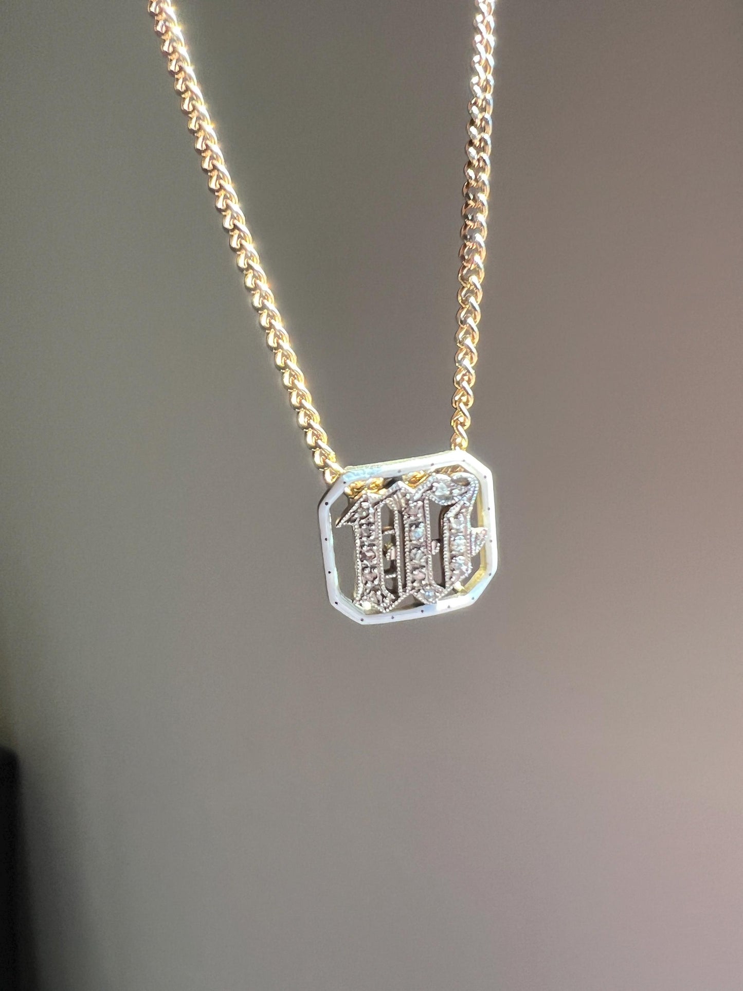 Antique INITIAL M or W Letter Rose Cut DIAMOND Pendant 14k Gold Enamel Bracelet Necklace Charm Gift Symbol Victorian - Art Deco Geometric