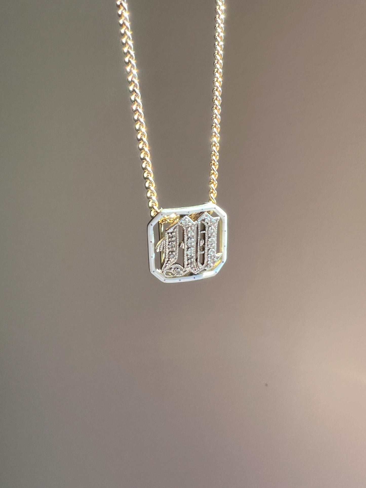 Antique INITIAL M or W Letter Rose Cut DIAMOND Pendant 14k Gold Enamel Bracelet Necklace Charm Gift Symbol Victorian - Art Deco Geometric