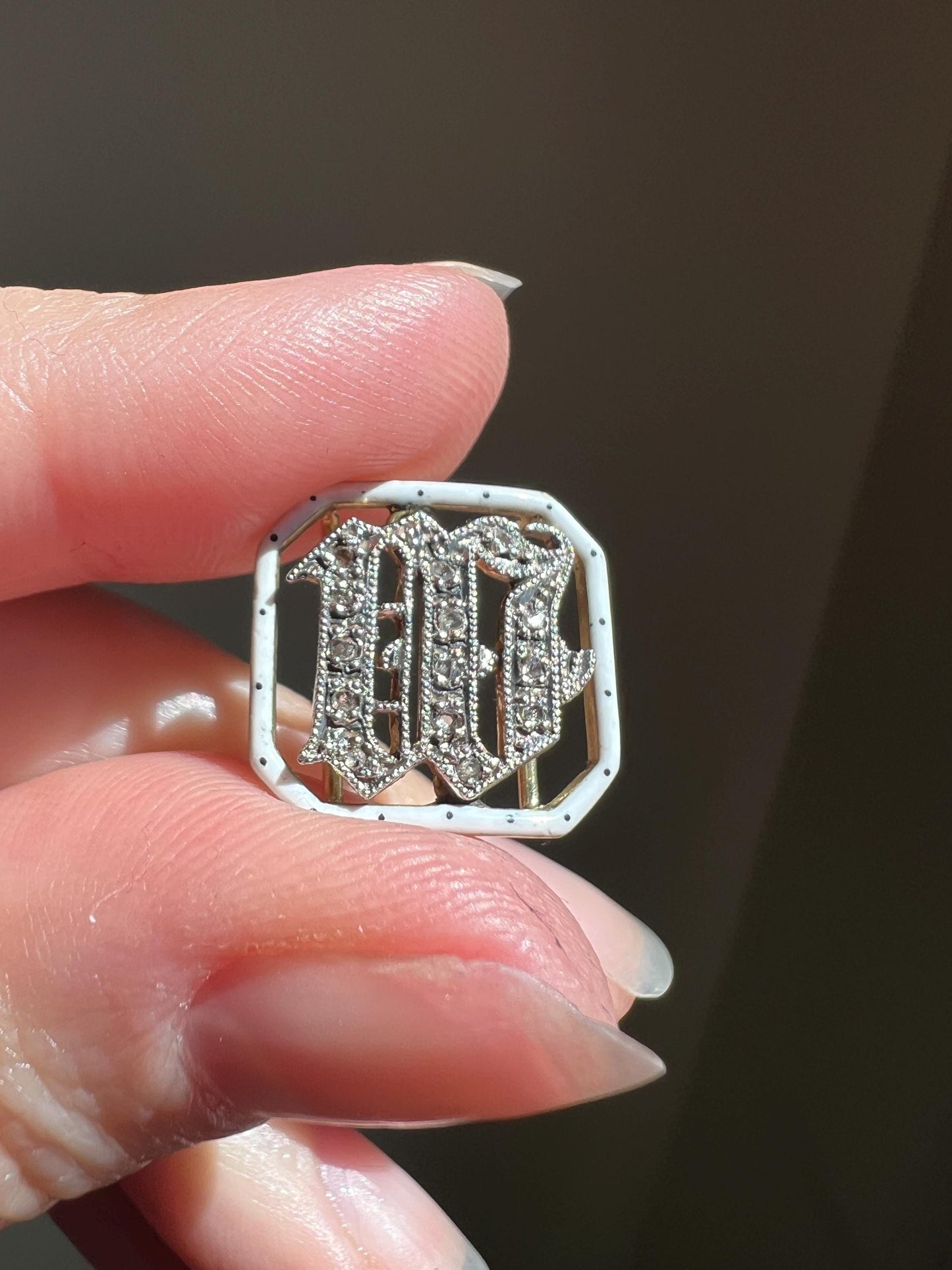 Antique INITIAL M or W Letter Rose Cut DIAMOND Pendant 14k Gold Enamel Bracelet Necklace Charm Gift Symbol Victorian - Art Deco Geometric