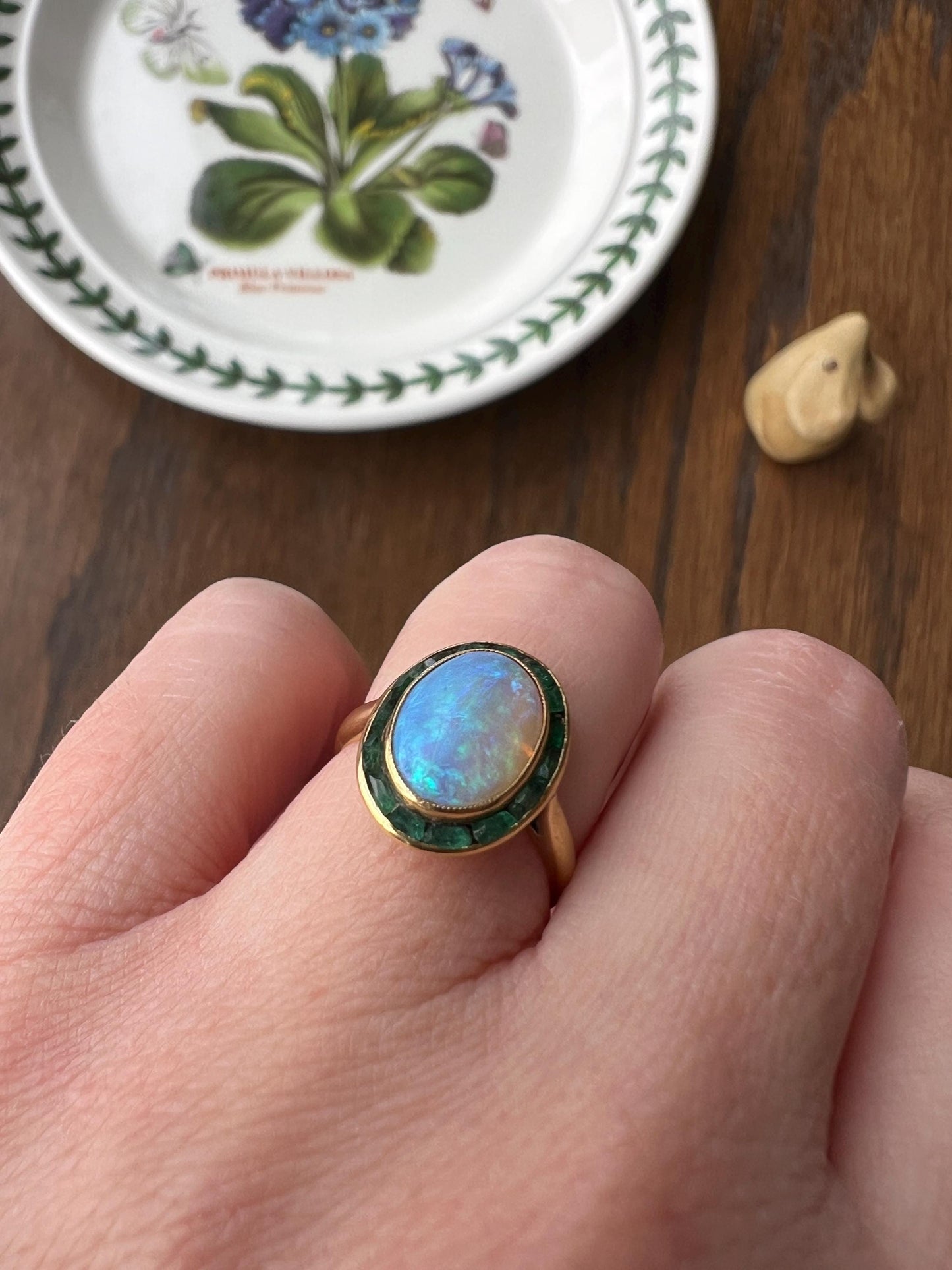 BLUE Opal Carre Cut EMERALD HALO Ring Antique 18k Gold Oval Geometric Bullseye Target Channel Set Green Romantic Gift Victorian Belle Epoque