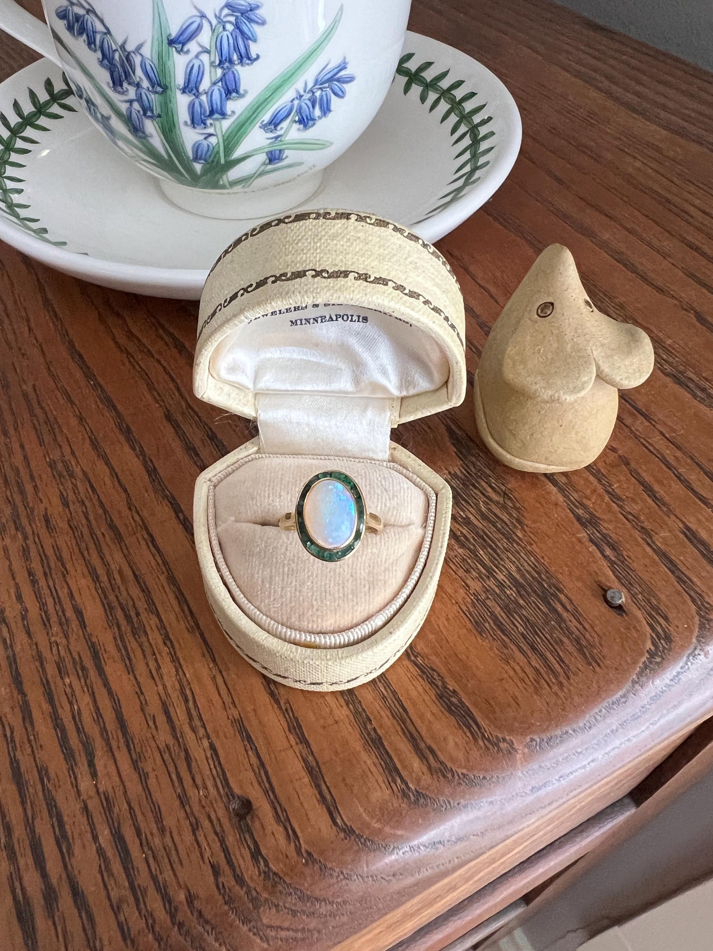 BLUE Opal Carre Cut EMERALD HALO Ring Antique 18k Gold Oval Geometric Bullseye Target Channel Set Green Romantic Gift Victorian Belle Epoque