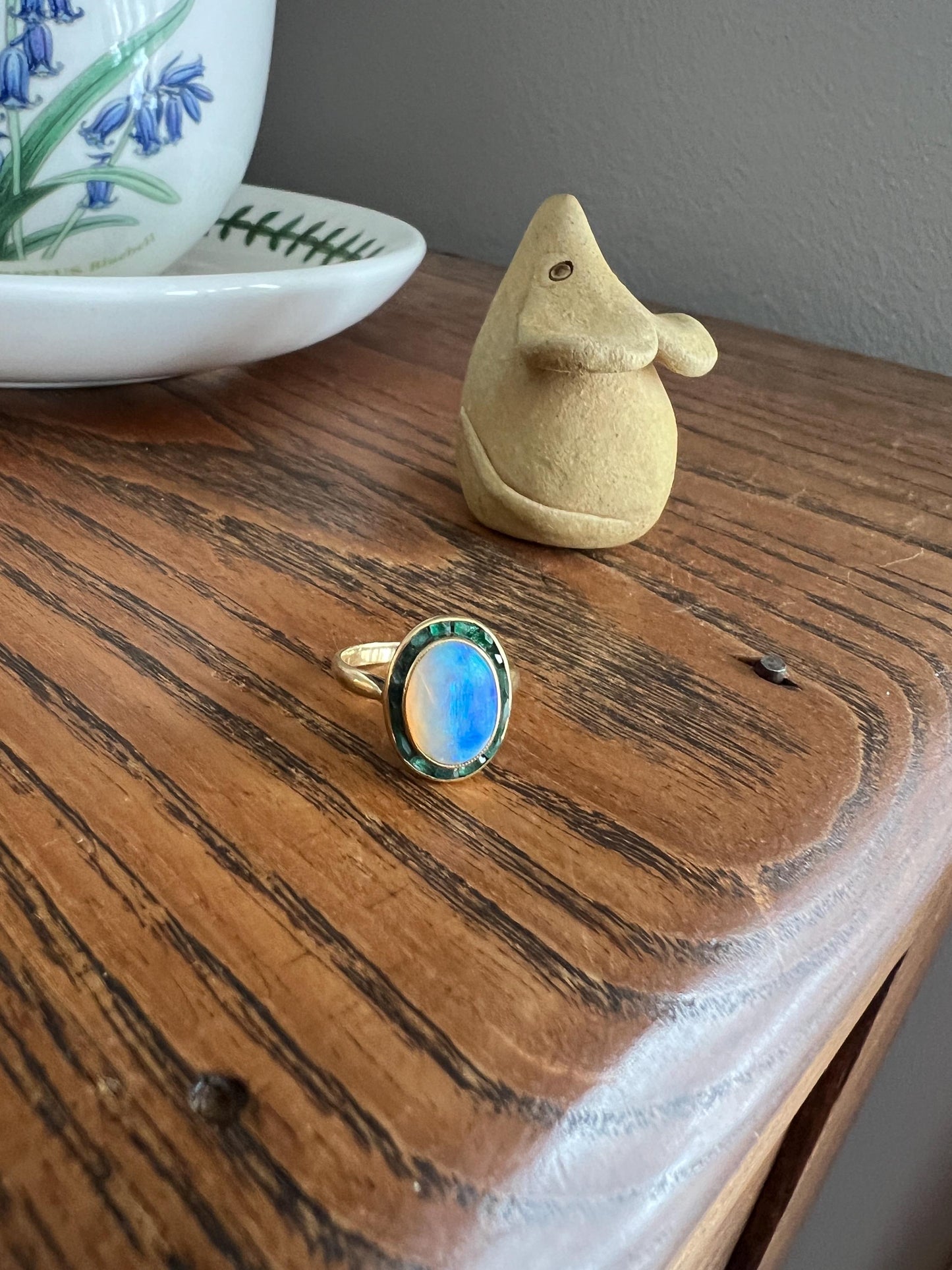 BLUE Opal Carre Cut EMERALD HALO Ring Antique 18k Gold Oval Geometric Bullseye Target Channel Set Green Romantic Gift Victorian Belle Epoque