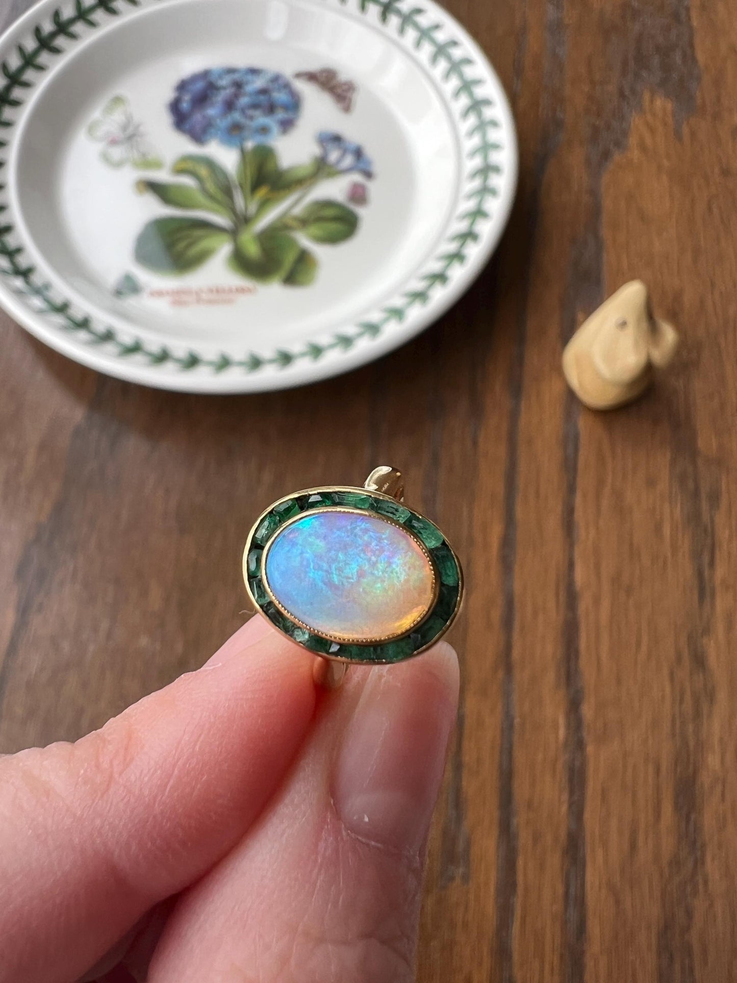 BLUE Opal Carre Cut EMERALD HALO Ring Antique 18k Gold Oval Geometric Bullseye Target Channel Set Green Romantic Gift Victorian Belle Epoque