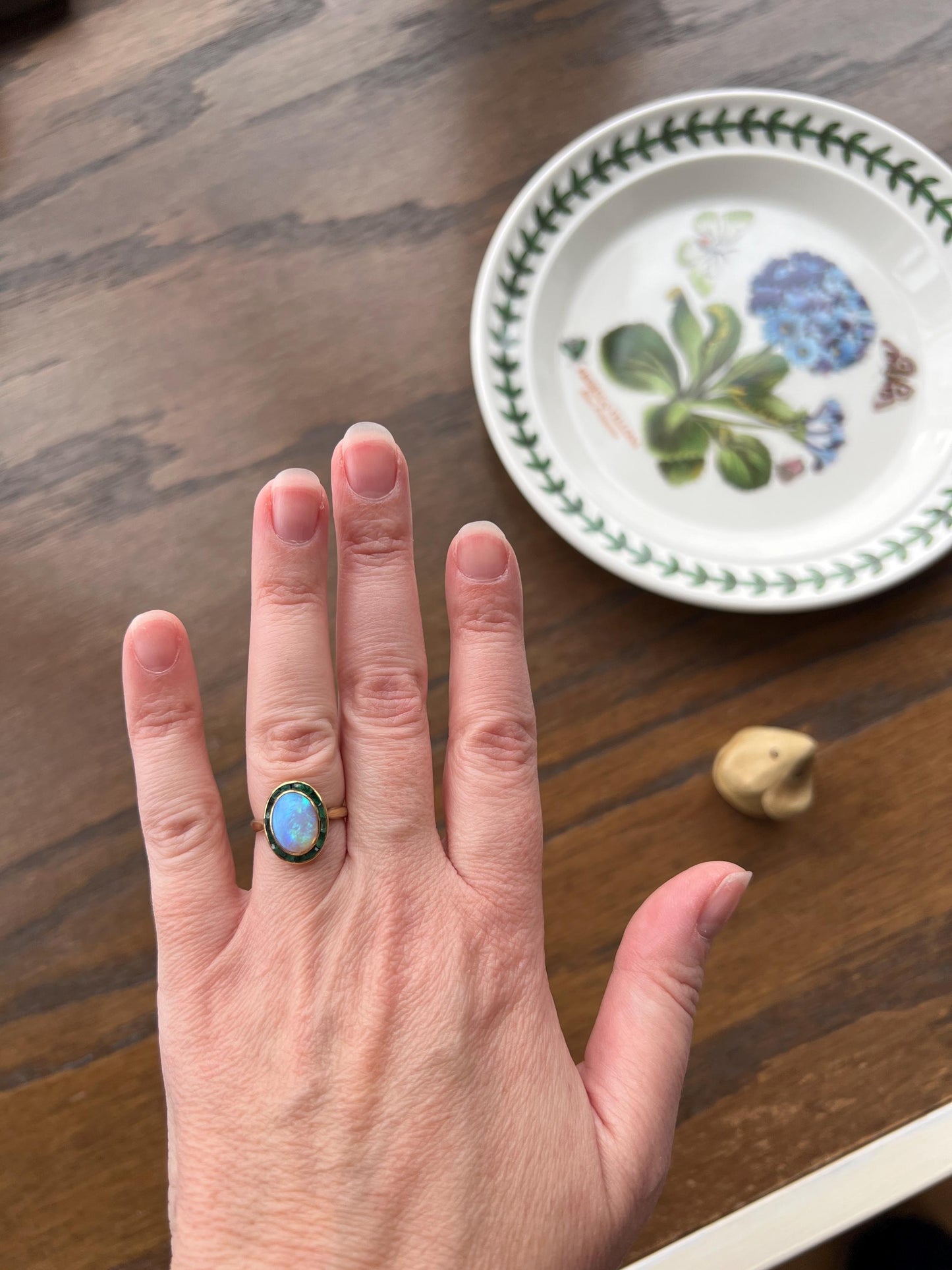 BLUE Opal Carre Cut EMERALD HALO Ring Antique 18k Gold Oval Geometric Bullseye Target Channel Set Green Romantic Gift Victorian Belle Epoque
