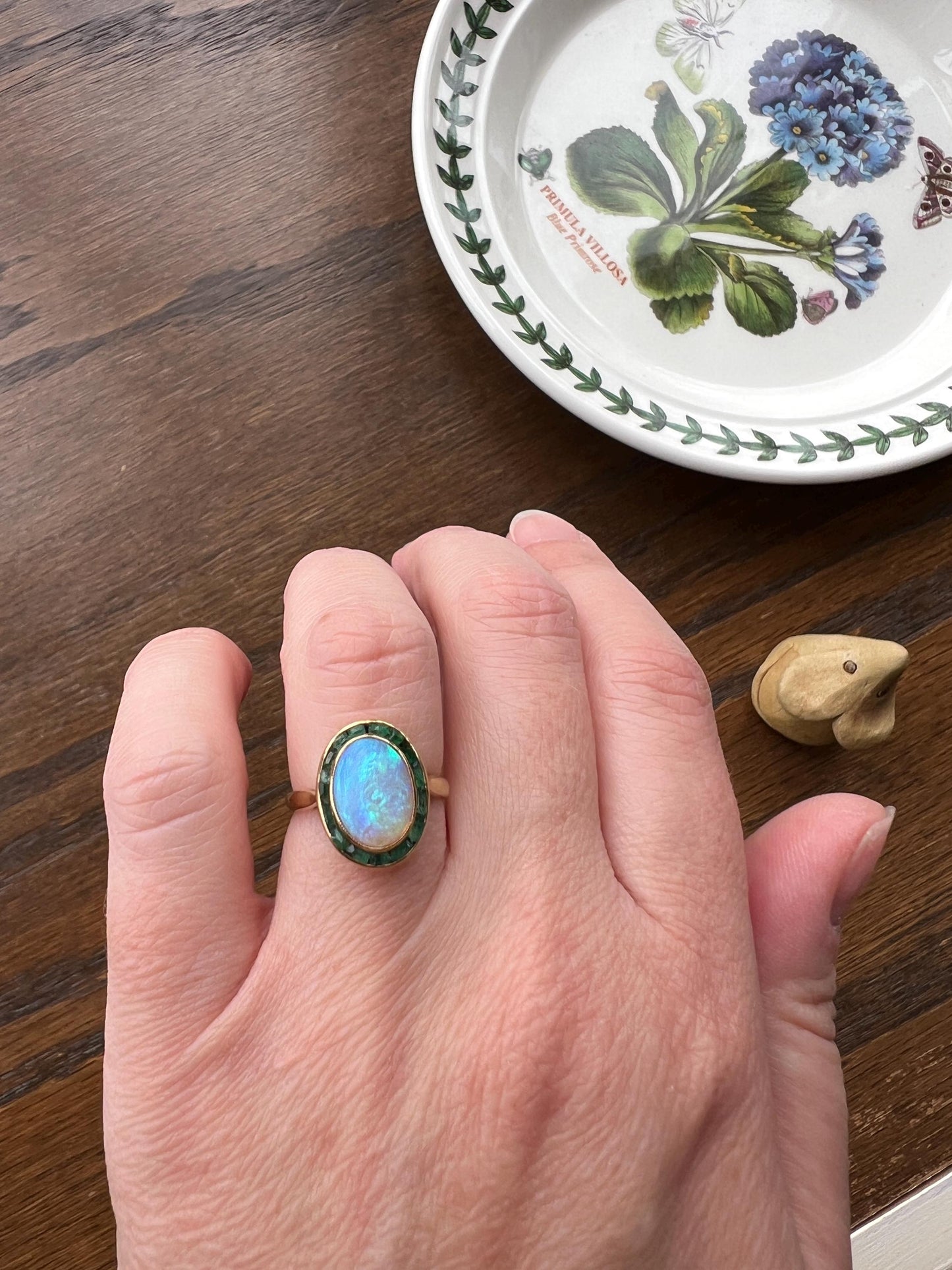 BLUE Opal Carre Cut EMERALD HALO Ring Antique 18k Gold Oval Geometric Bullseye Target Channel Set Green Romantic Gift Victorian Belle Epoque