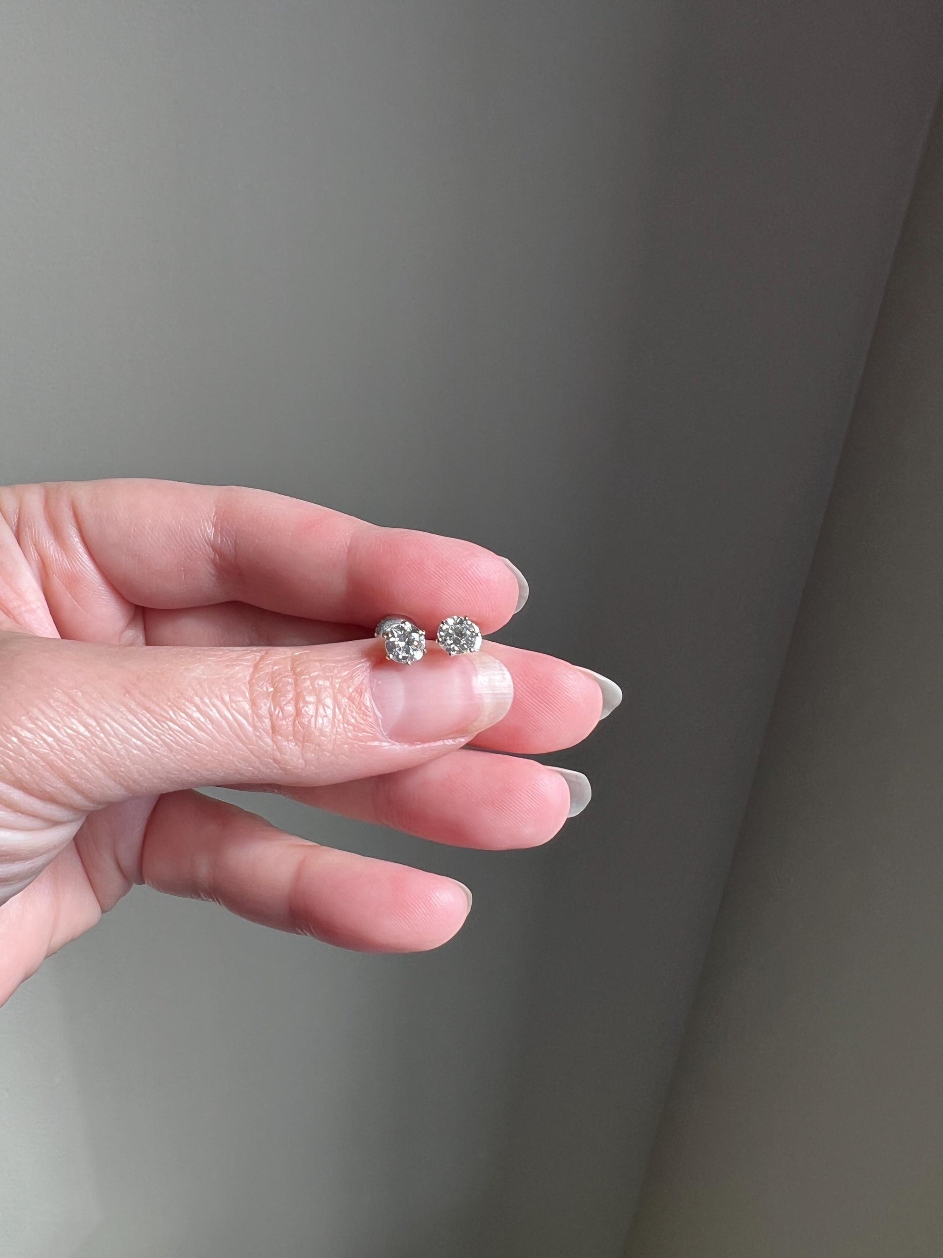 Transitional Cut 1 Carat DIAMOND Stud Earrings 14k White GOLD Gift Vintage Bridal Something Old Sparkle Minimalist Screw Back