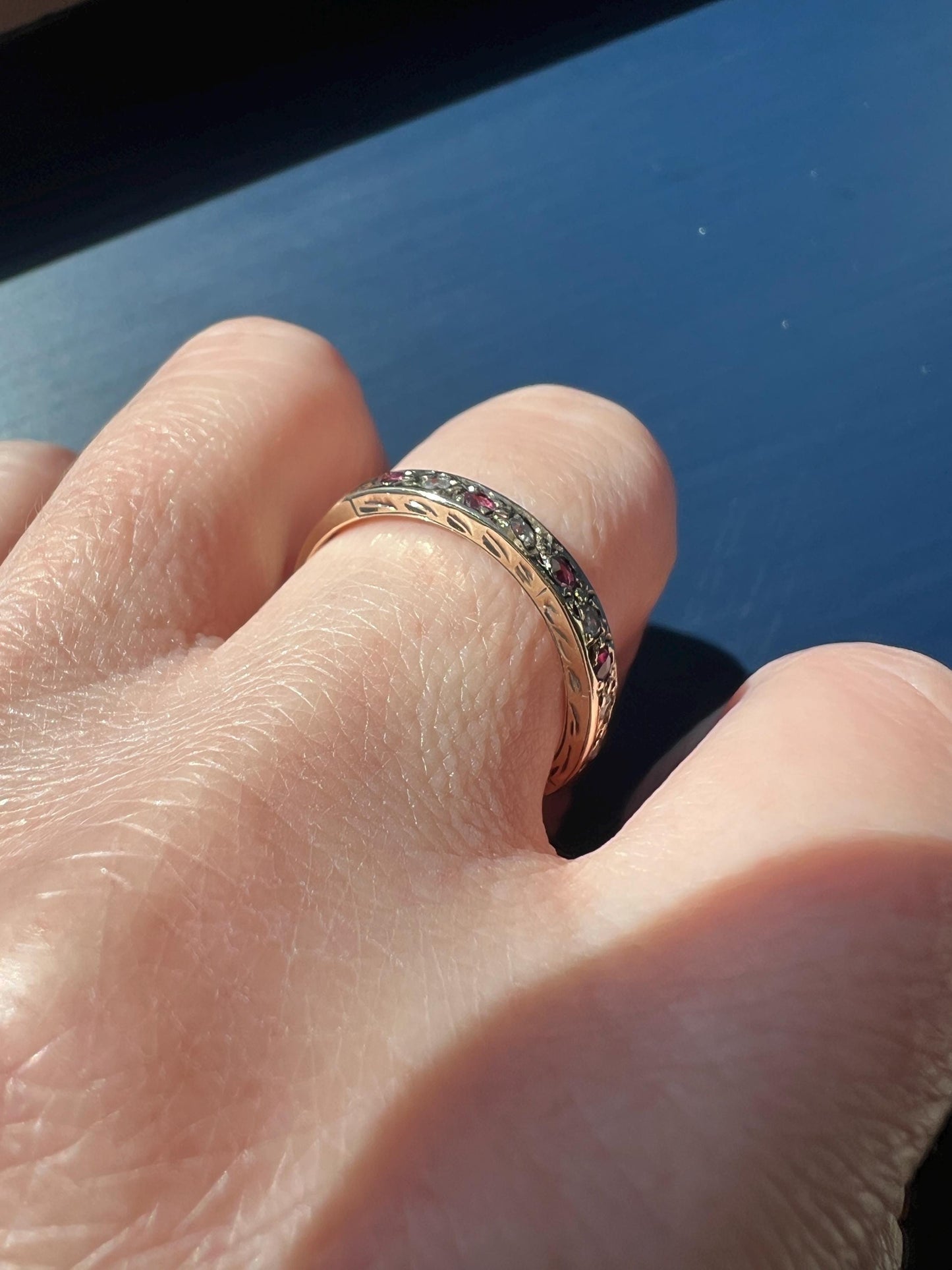Vintage RUBY & Diamond Alternating Half Eternity Hoop Band 9k Gold Nine Stone Ring Engraved Stacker Pink Red Linear Romantic Gift Not 10k