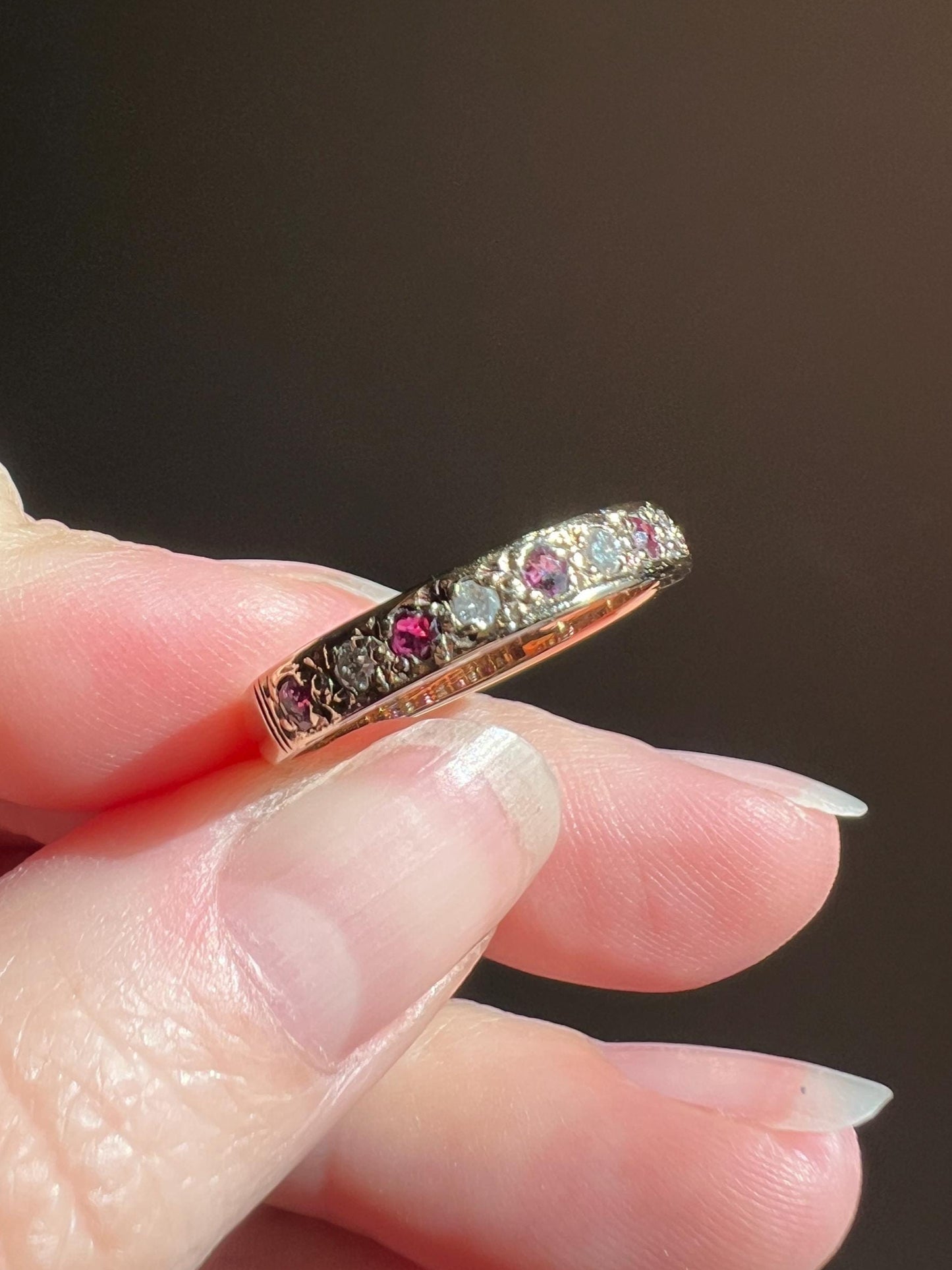 Vintage RUBY & Diamond Alternating Half Eternity Hoop Band 9k Gold Nine Stone Ring Engraved Stacker Pink Red Linear Romantic Gift Not 10k