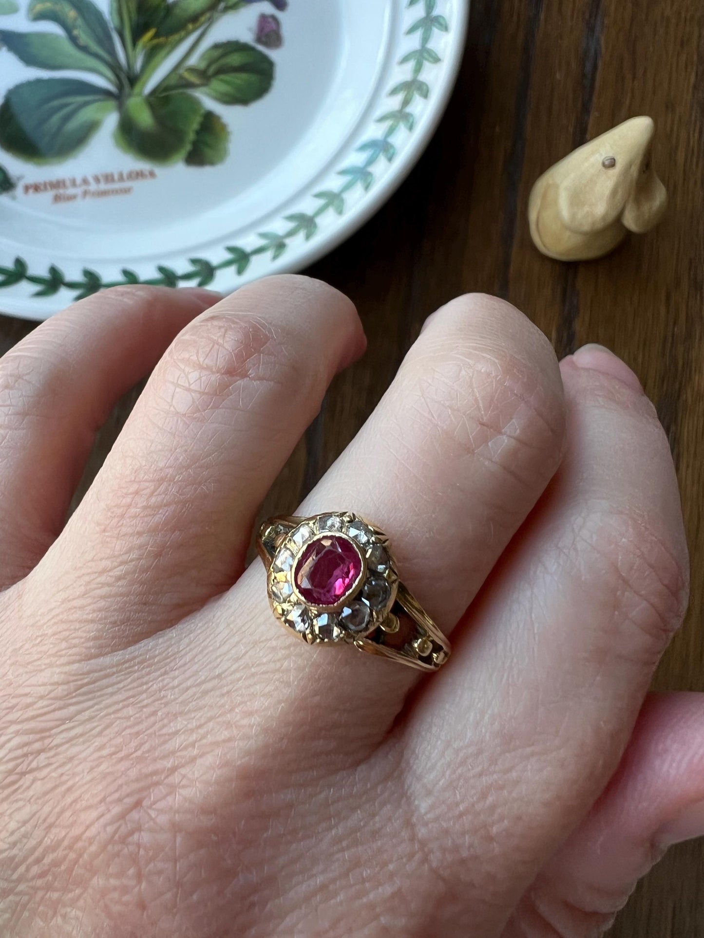 VICTORIAN Antique Pink Old Cut Natural RUBY Rose Cut Diamond Halo Ring Bead Ball Rivet Band 18k Gold Ornate Stacker Love Gift Belle Epoque