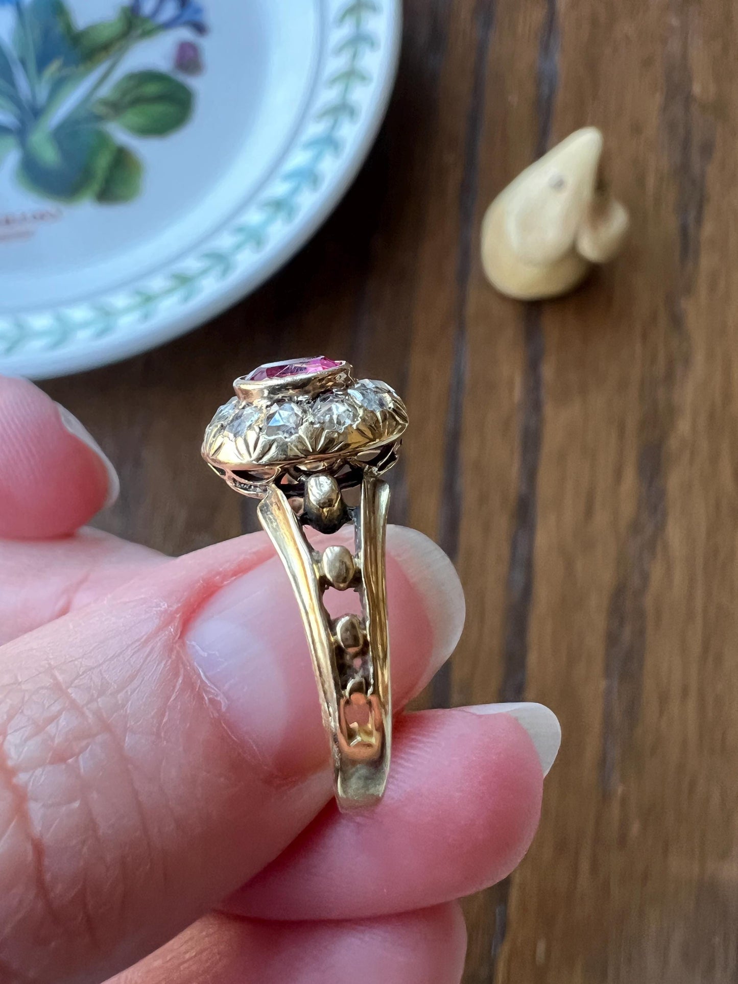 VICTORIAN Antique Pink Old Cut Natural RUBY Rose Cut Diamond Halo Ring Bead Ball Rivet Band 18k Gold Ornate Stacker Love Gift Belle Epoque