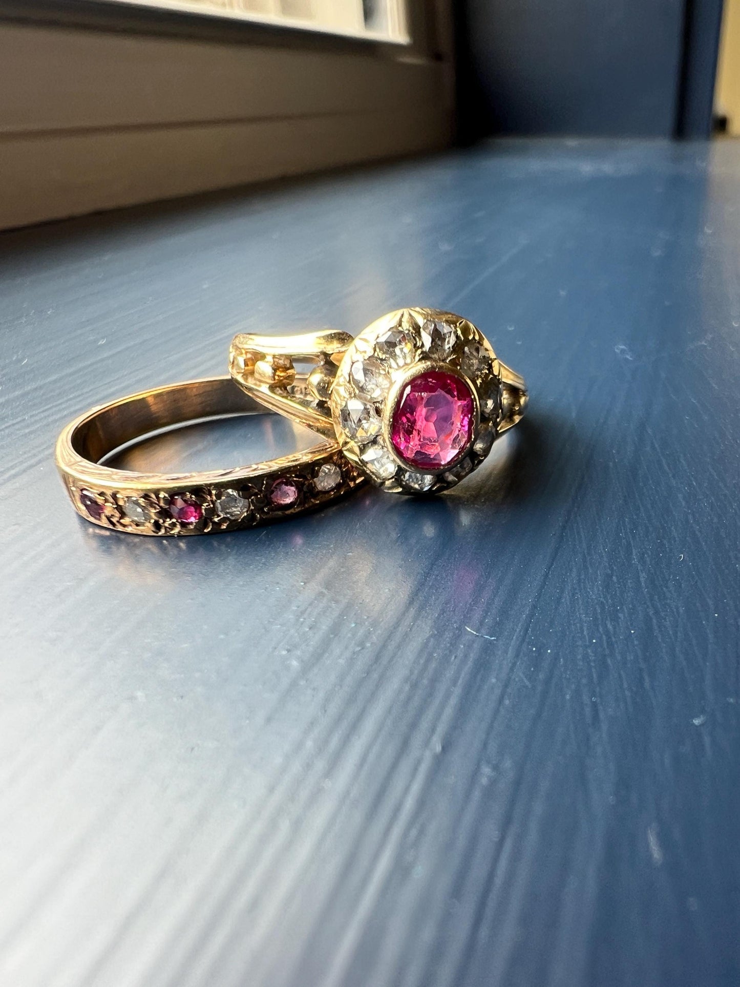 VICTORIAN Antique Pink Old Cut Natural RUBY Rose Cut Diamond Halo Ring Bead Ball Rivet Band 18k Gold Ornate Stacker Love Gift Belle Epoque