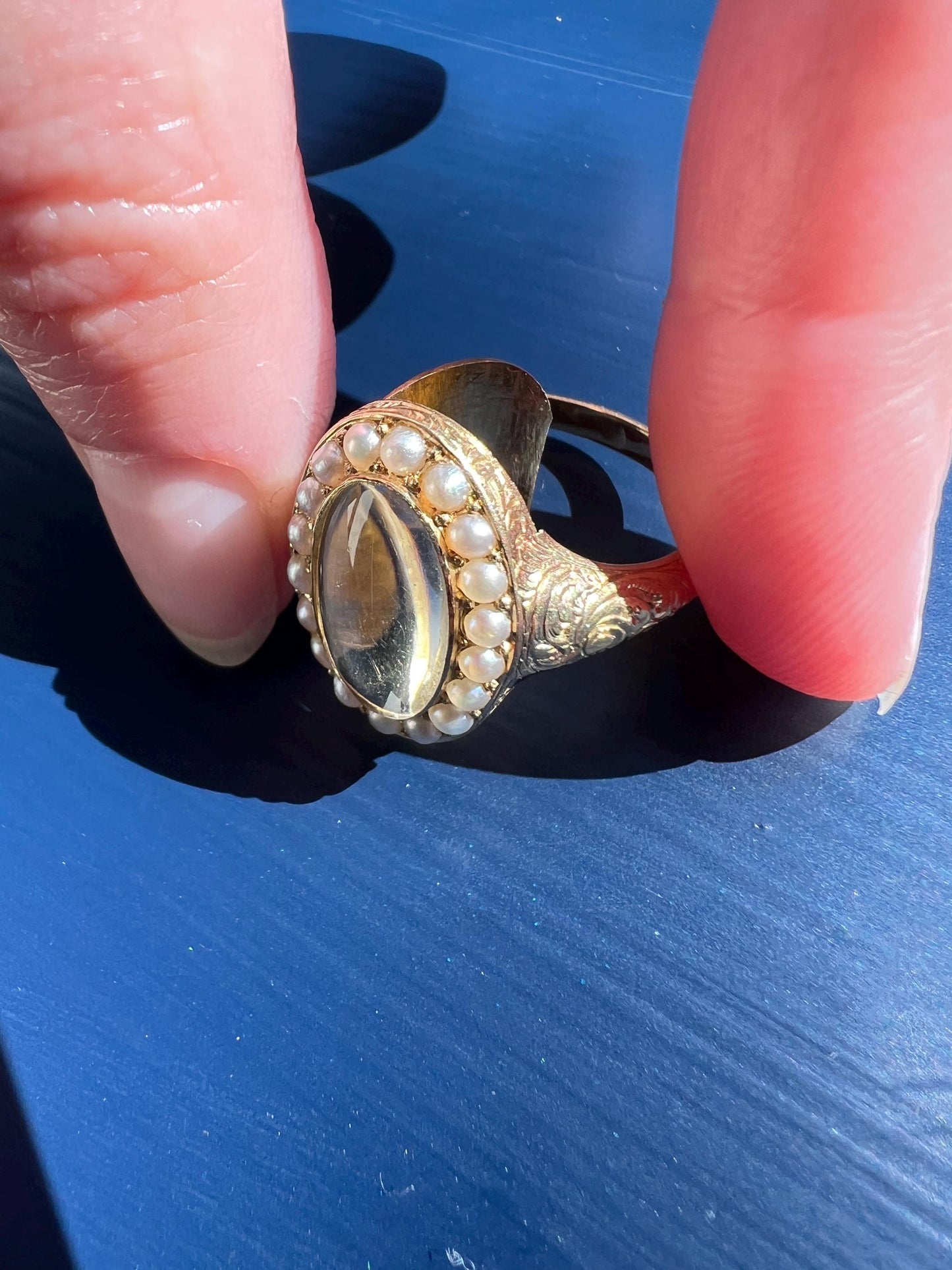 LOCKET Back Ring 18k Gold PEARL Halo Magnifying Lens Ornate 3D Hand Engraved OPENS Hinged Compartment Band Romantic Gift Love Token Scrolled